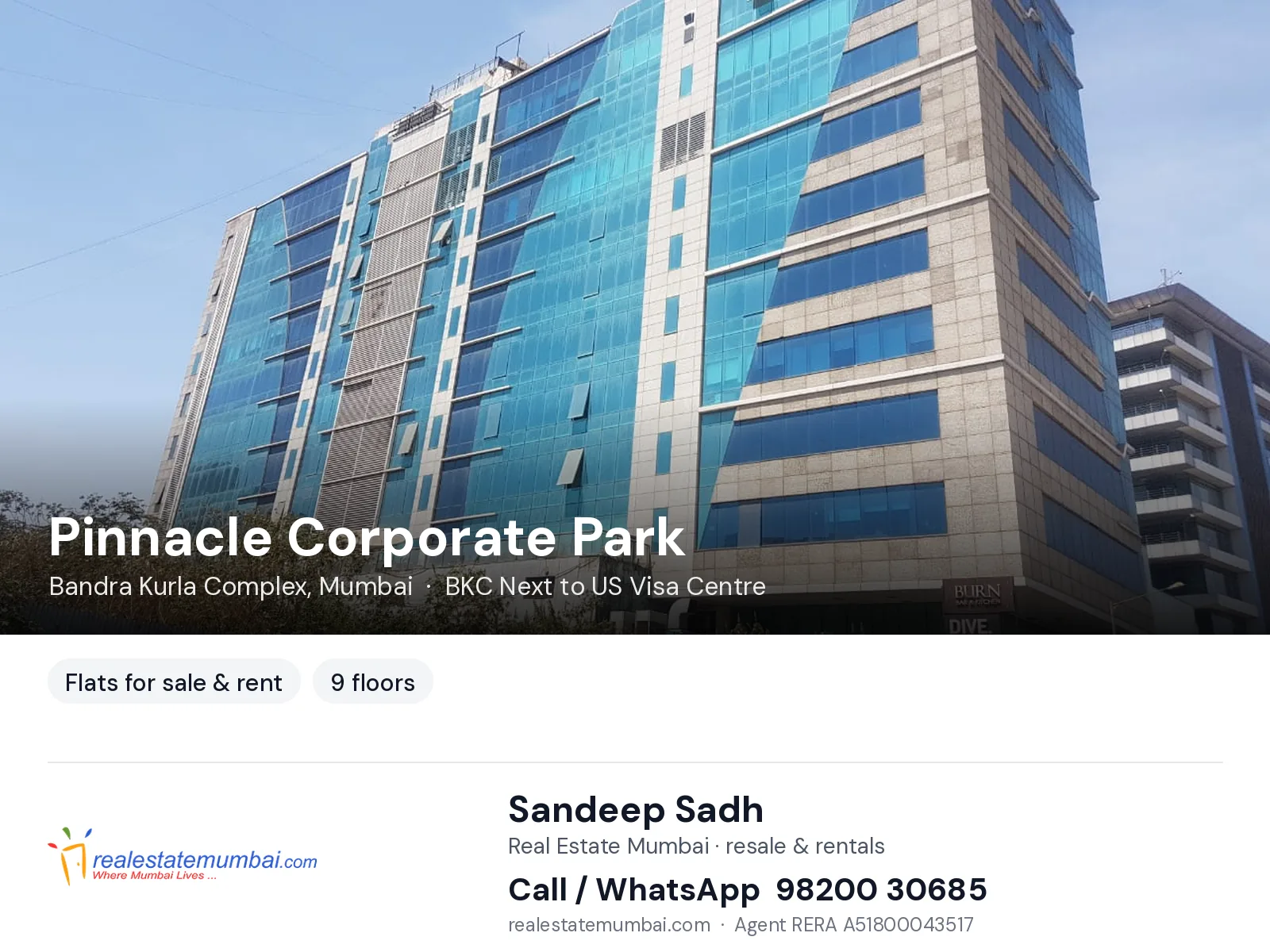 Pinnacle Corporate Park, Bandra Kurla Complex, Mumbai — flats for sale & rent | Real Estate Mumbai, Sandeep Sadh 98200 30685