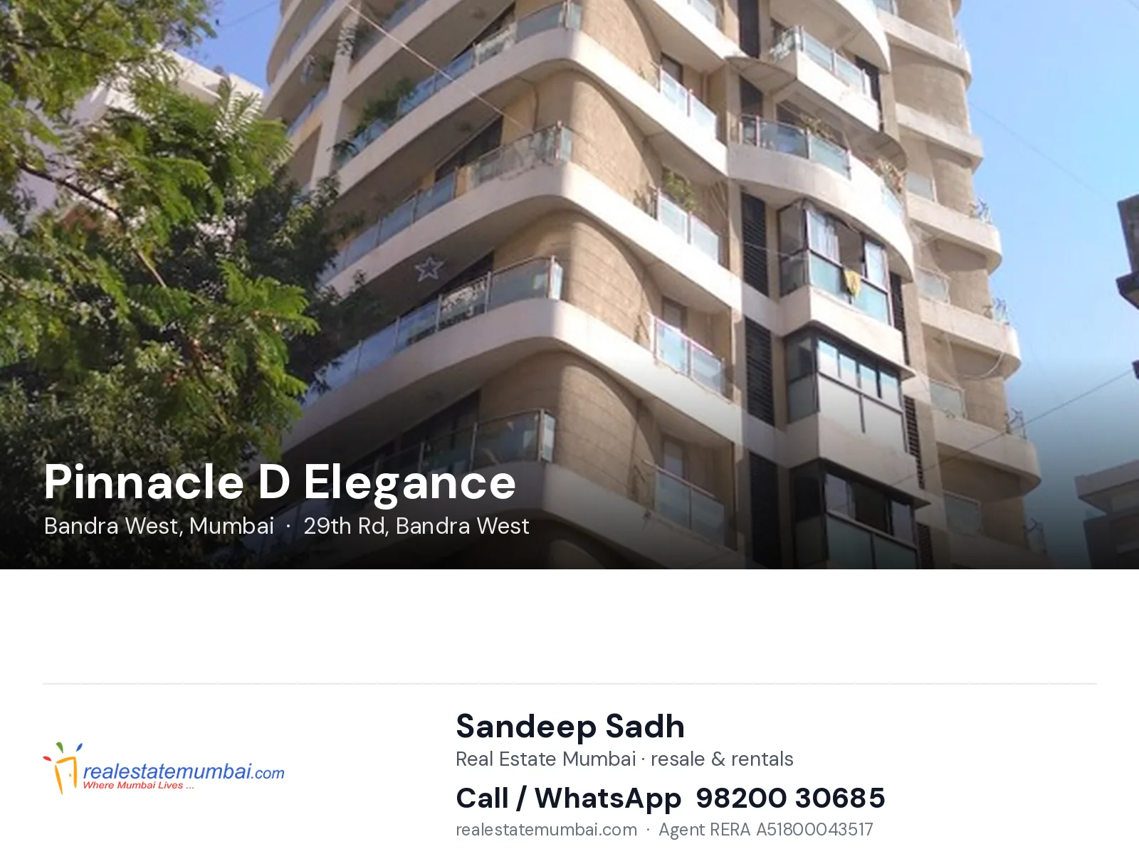 Pinnacle D Elegance, Bandra West, Mumbai — flats | Real Estate Mumbai, Sandeep Sadh 98200 30685