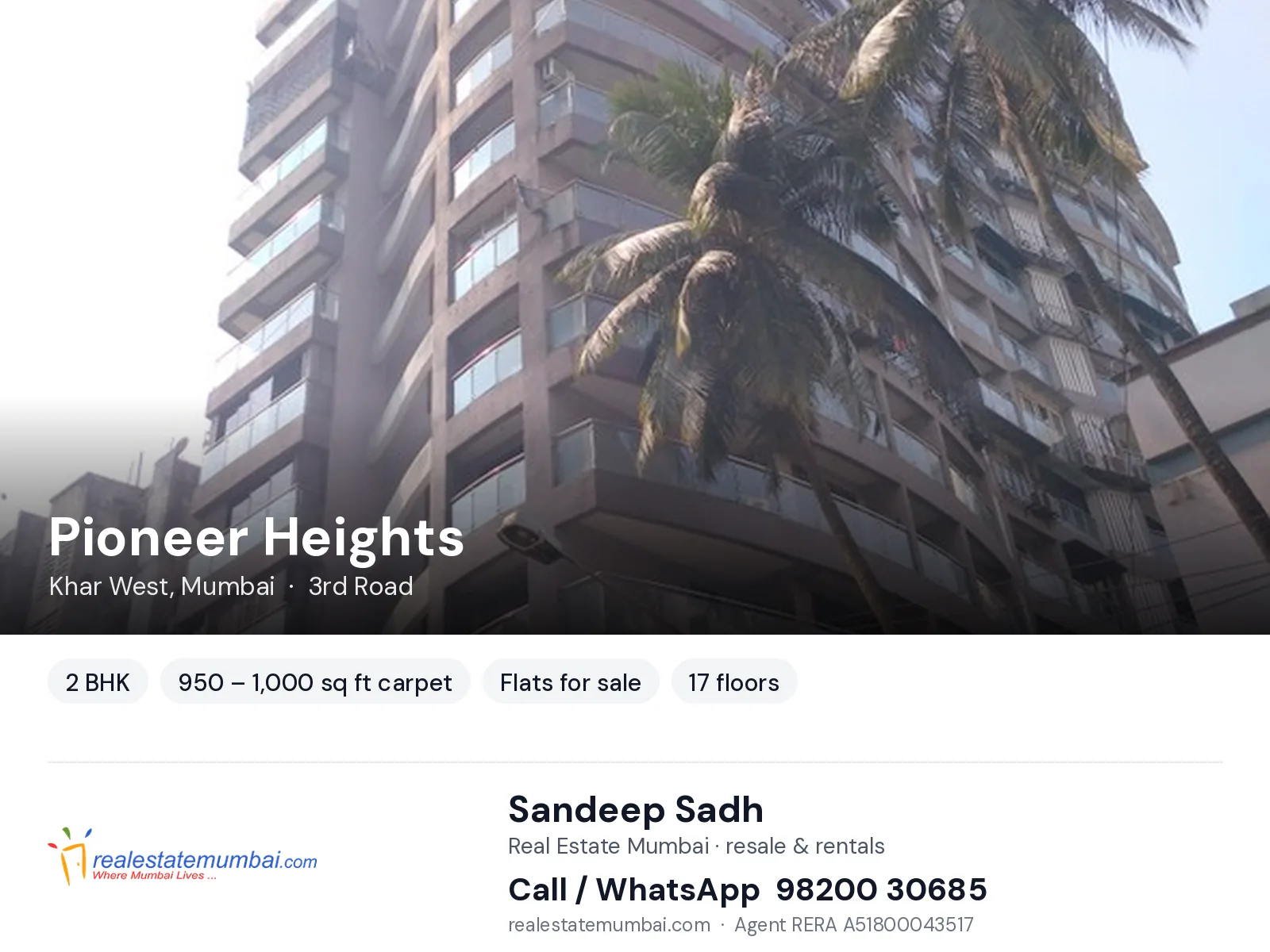 Pioneer Heights, Khar West, Mumbai — 2 BHK flats for sale | Real Estate Mumbai, Sandeep Sadh 98200 30685