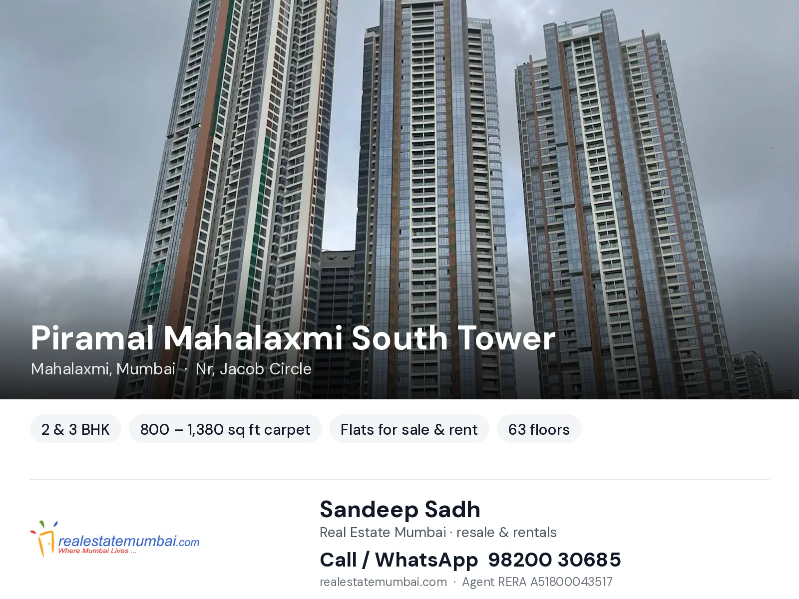 Piramal Mahalaxmi South Tower, Mahalaxmi, Mumbai — 2 & 3 BHK flats for sale & rent | Real Estate Mumbai, Sandeep Sadh 98200 30685