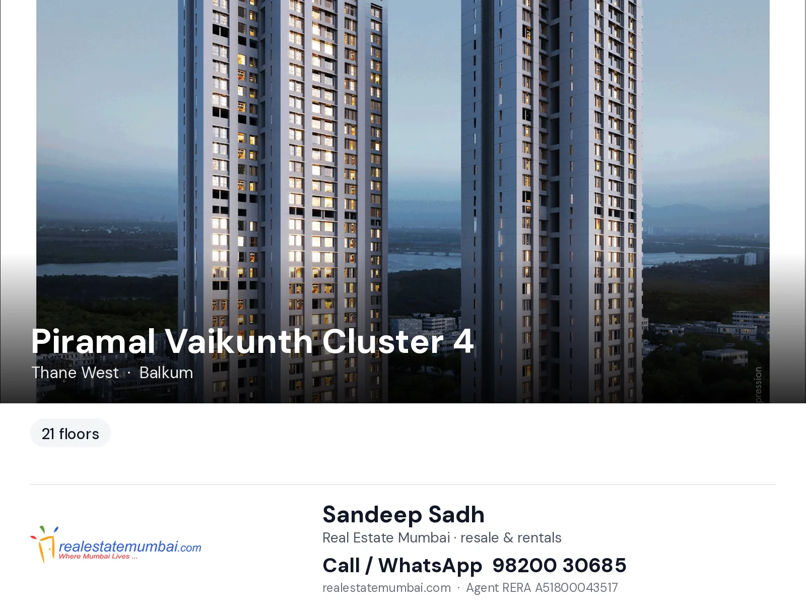 Piramal Vaikunth Cluster 4, Thane West — flats | Real Estate Mumbai, Sandeep Sadh 98200 30685