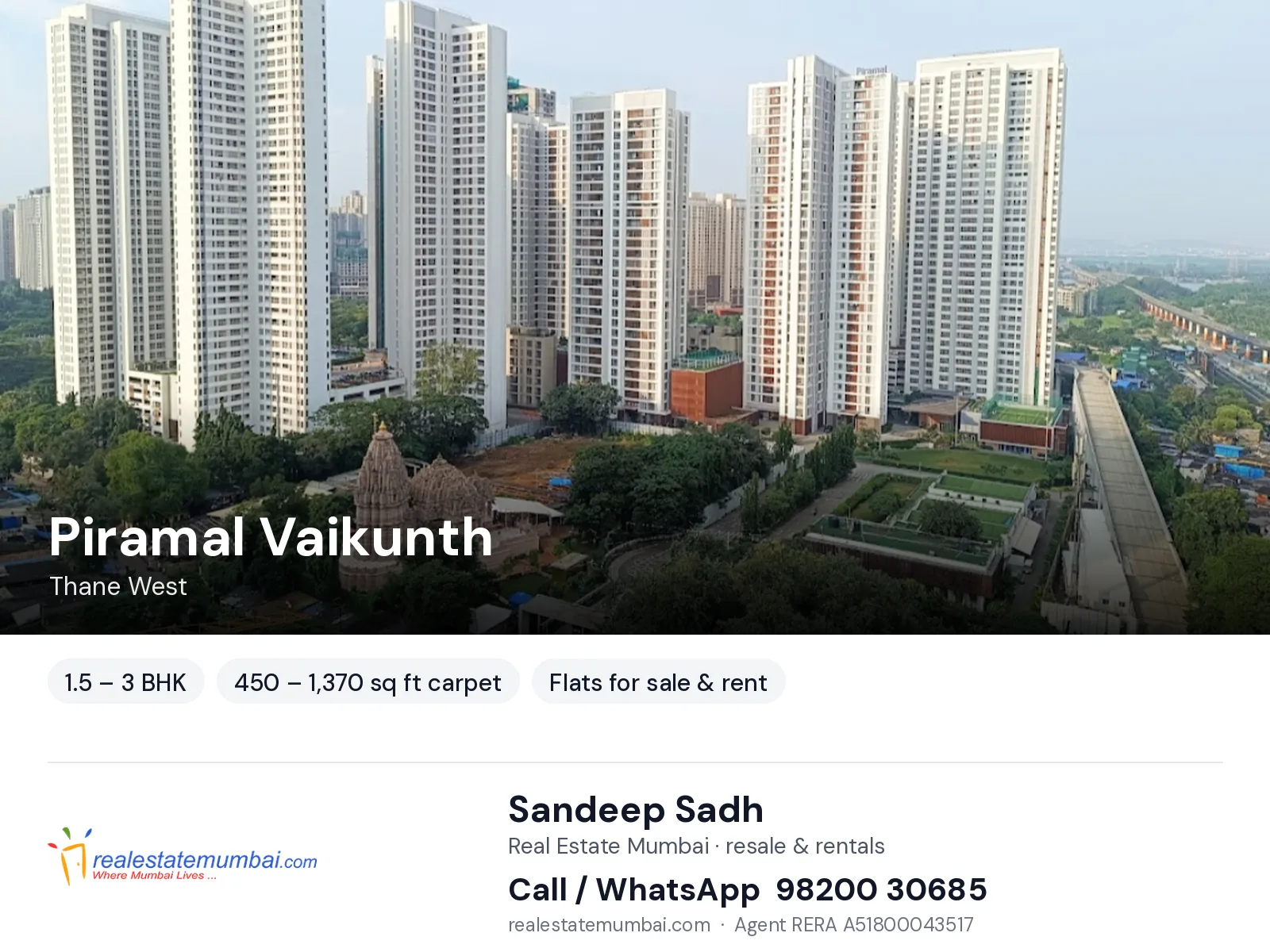 Piramal Vaikunth, Thane West — 1.5 – 3 BHK flats for sale & rent | Real Estate Mumbai, Sandeep Sadh 98200 30685