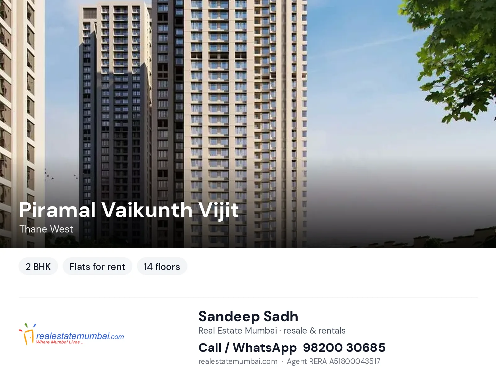 Piramal Vaikunth Vijit, Thane West — 2 BHK flats for rent | Real Estate Mumbai, Sandeep Sadh 98200 30685