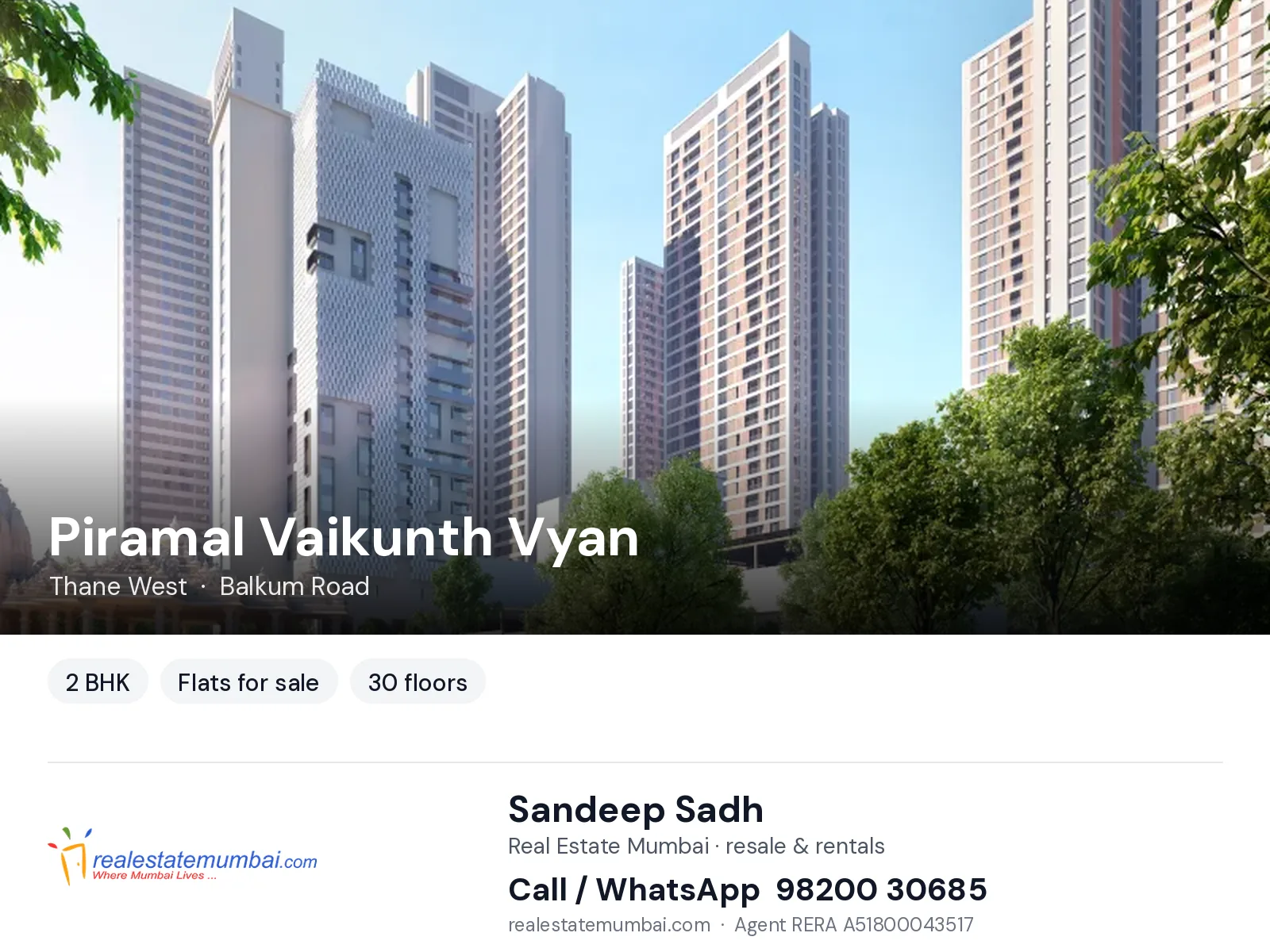 Piramal Vaikunth Vyan, Thane West — 2 BHK flats for sale | Real Estate Mumbai, Sandeep Sadh 98200 30685