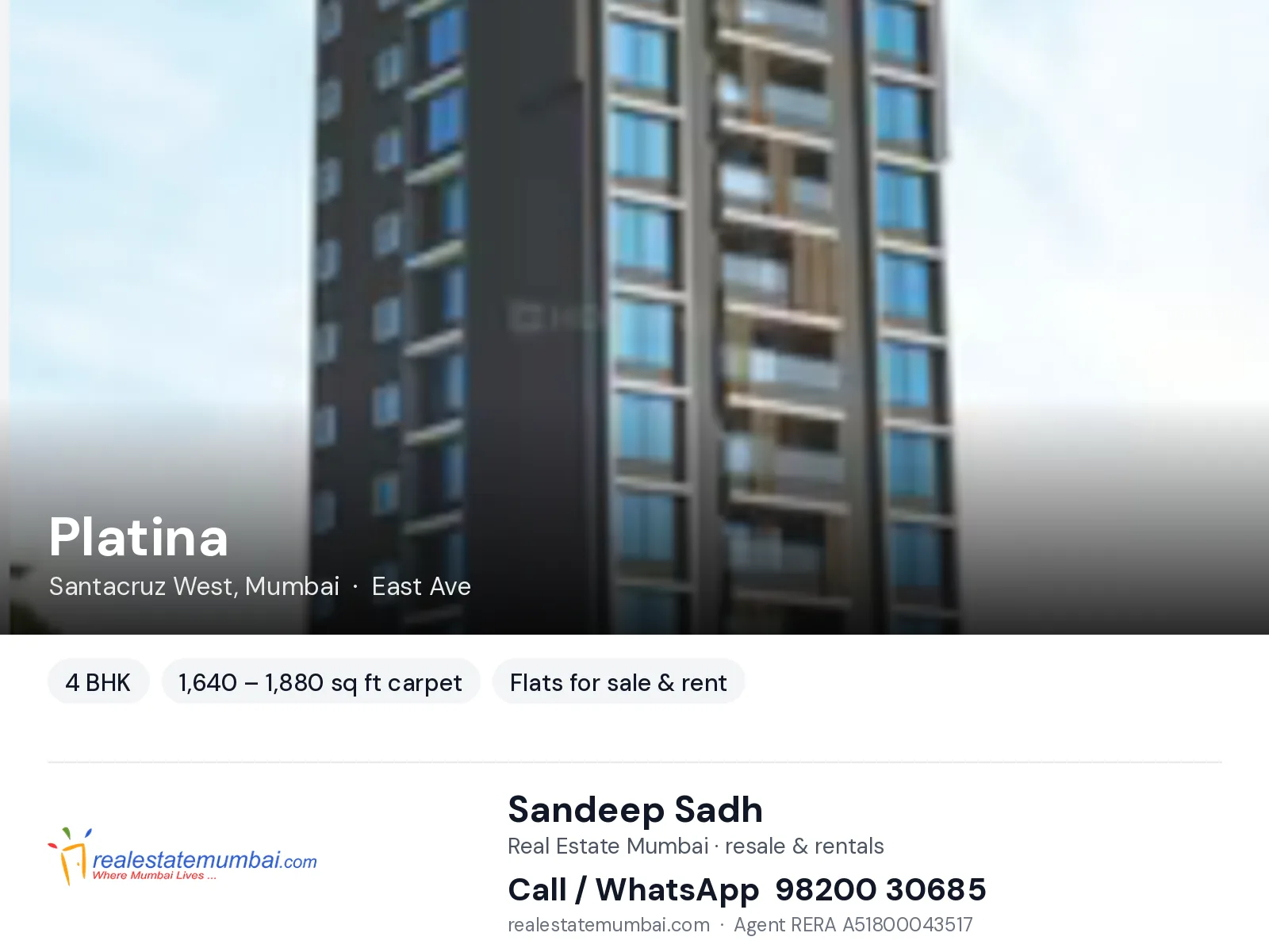 Platina, Santacruz West, Mumbai — 4 BHK flats for sale & rent | Real Estate Mumbai, Sandeep Sadh 98200 30685
