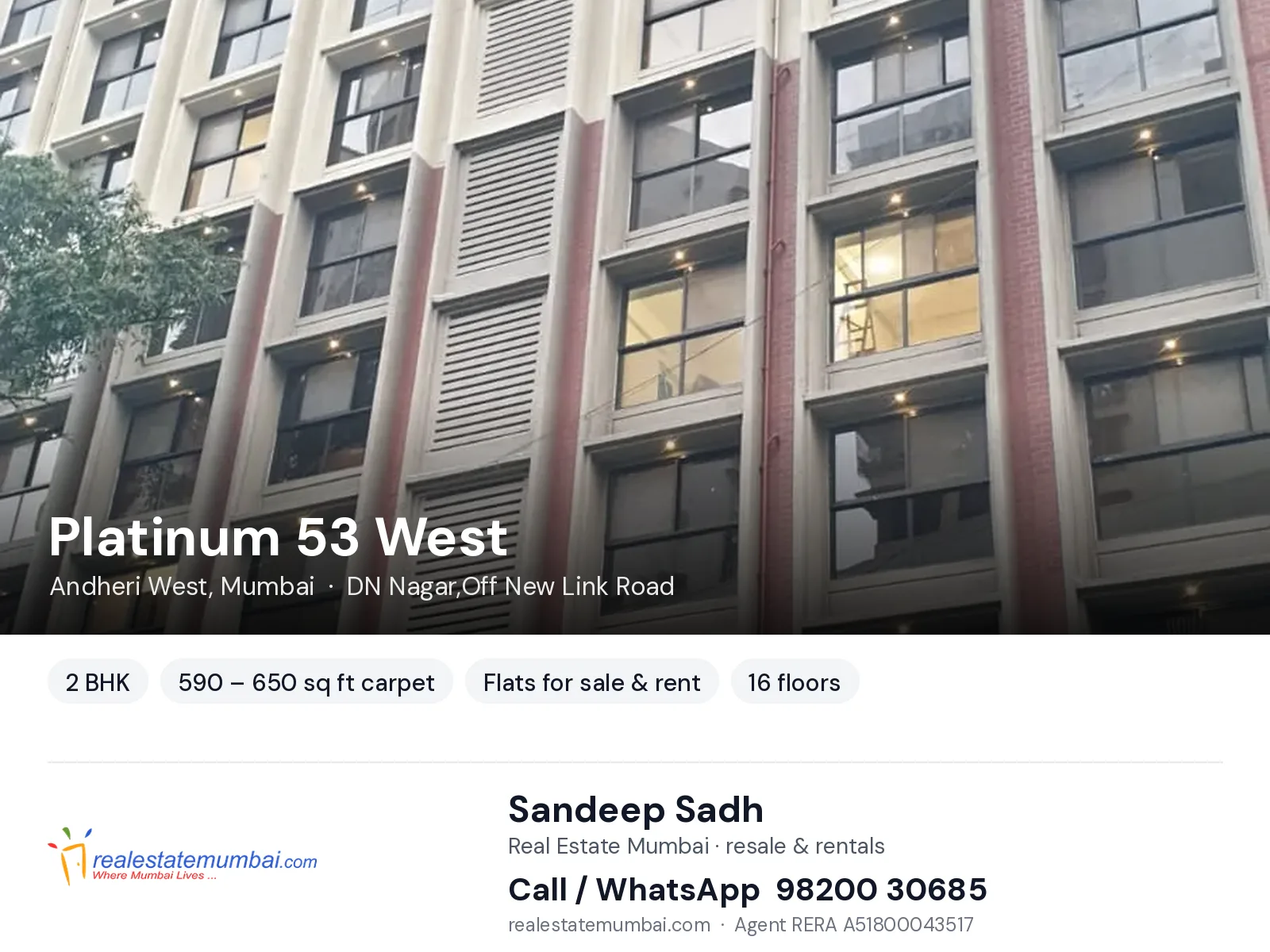 Platinum 53 West, Andheri West, Mumbai — 2 BHK flats for sale & rent | Real Estate Mumbai, Sandeep Sadh 98200 30685