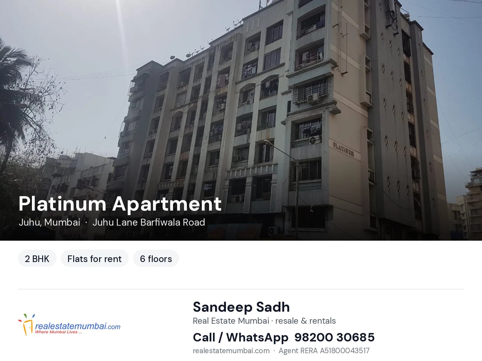 Platinum Apartment, Juhu, Mumbai — 2 BHK flats for rent | Real Estate Mumbai, Sandeep Sadh 98200 30685