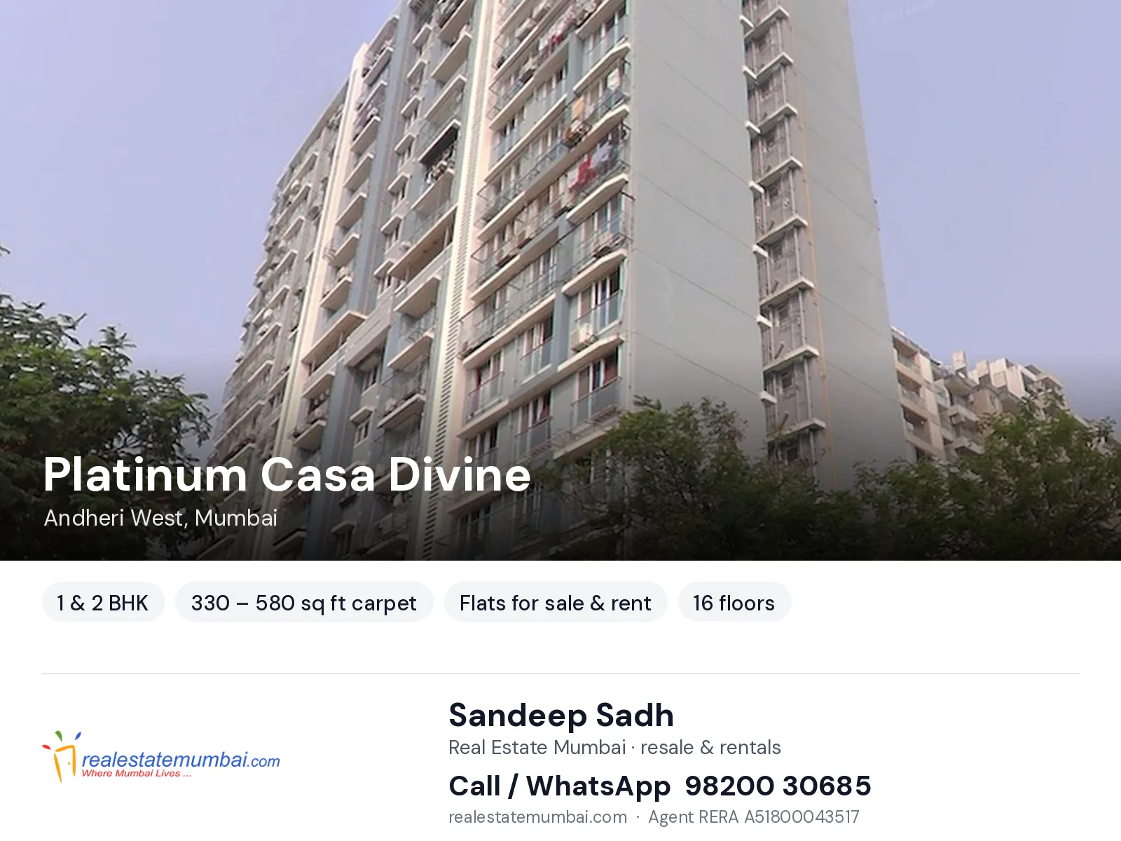Platinum Casa Divine, Andheri West, Mumbai — 1 & 2 BHK flats for sale & rent | Real Estate Mumbai, Sandeep Sadh 98200 30685