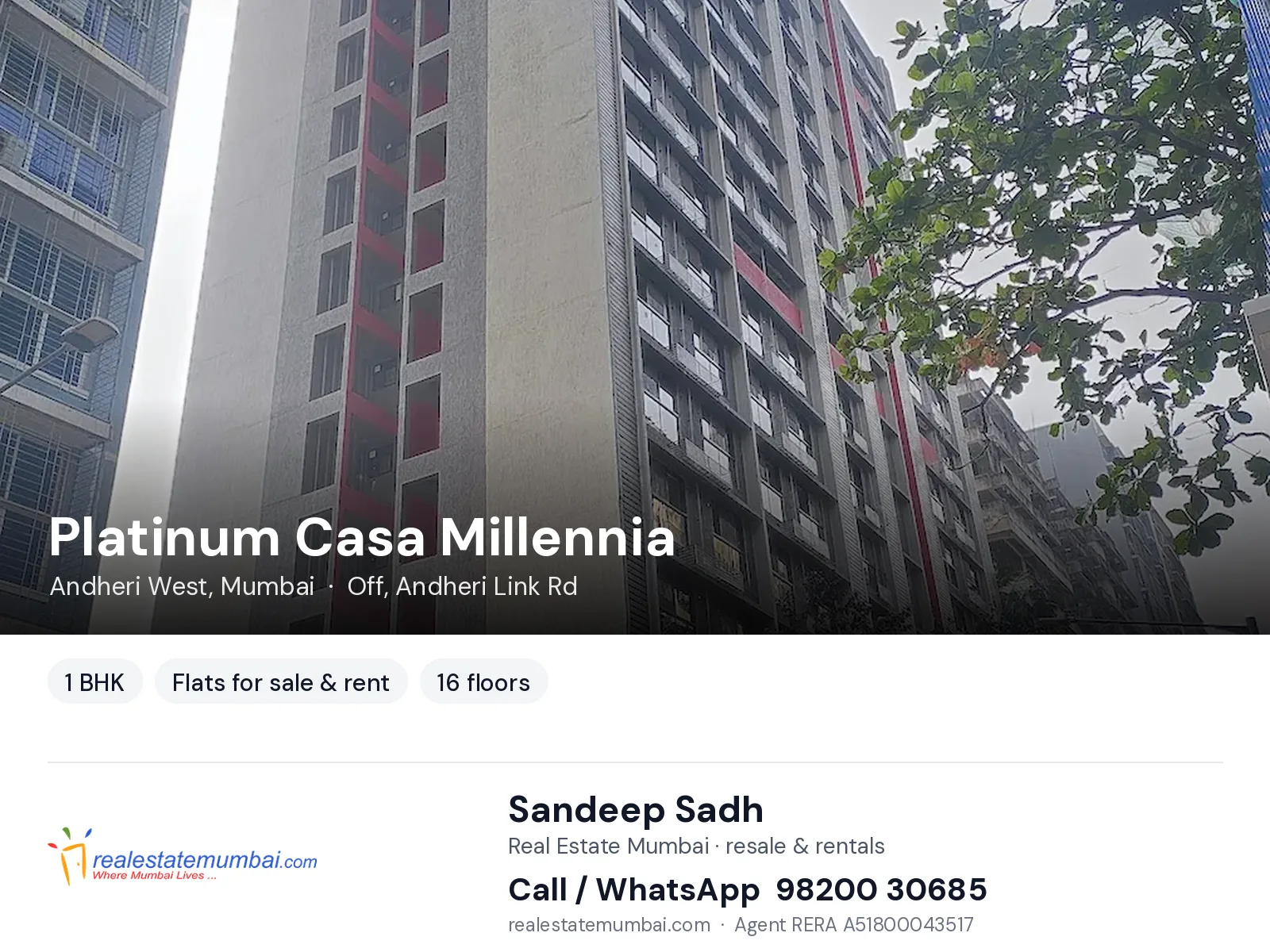 Platinum Casa Millennia, Andheri West, Mumbai — 1 BHK flats for sale & rent | Real Estate Mumbai, Sandeep Sadh 98200 30685