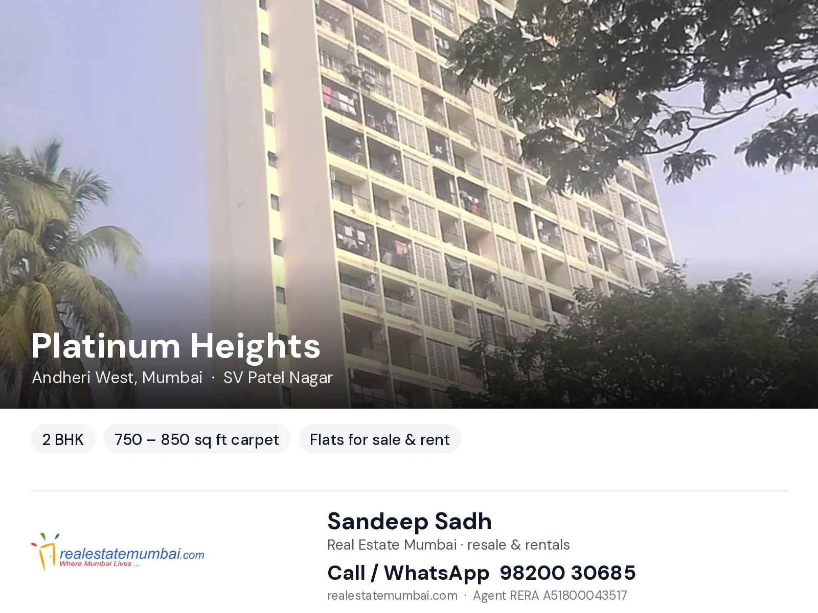 Platinum Heights, Andheri West, Mumbai — 2 BHK flats for sale & rent | Real Estate Mumbai, Sandeep Sadh 98200 30685