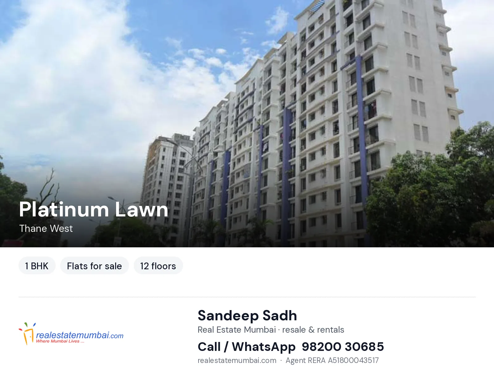 Platinum Lawn, Thane West — 1 BHK flats for sale | Real Estate Mumbai, Sandeep Sadh 98200 30685