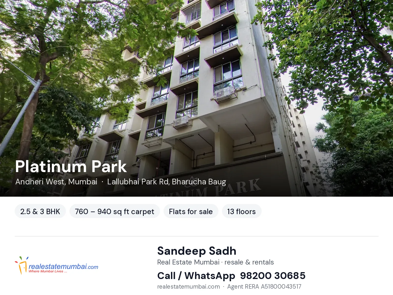 Platinum Park, Andheri West, Mumbai — 2.5 & 3 BHK flats for sale | Real Estate Mumbai, Sandeep Sadh 98200 30685
