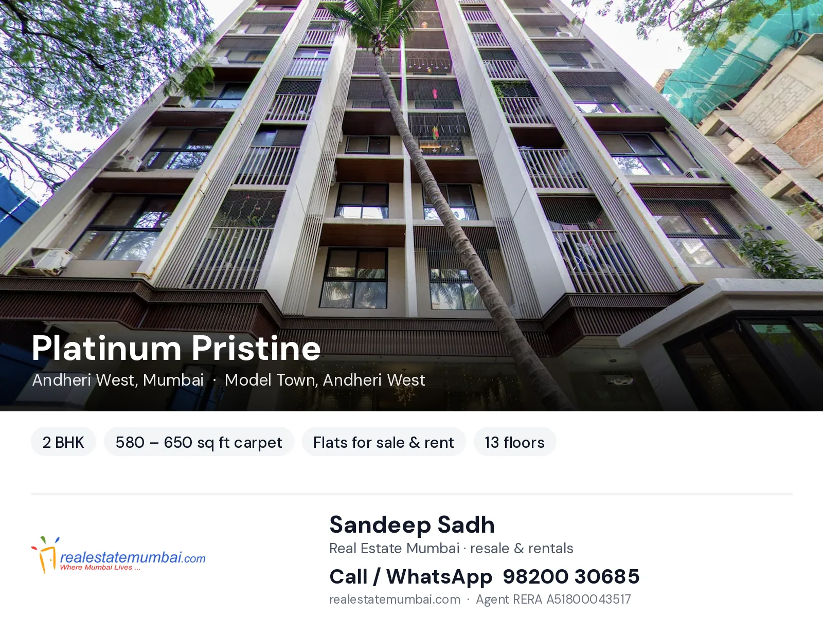 Platinum Pristine, Andheri West, Mumbai — 2 BHK flats for sale & rent | Real Estate Mumbai, Sandeep Sadh 98200 30685