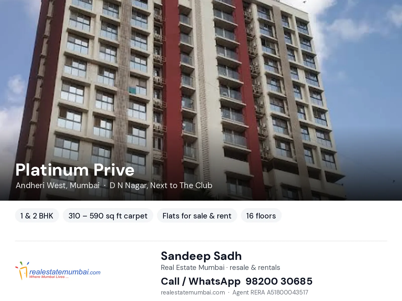 Platinum Prive, Andheri West, Mumbai — 1 & 2 BHK flats for sale & rent | Real Estate Mumbai, Sandeep Sadh 98200 30685
