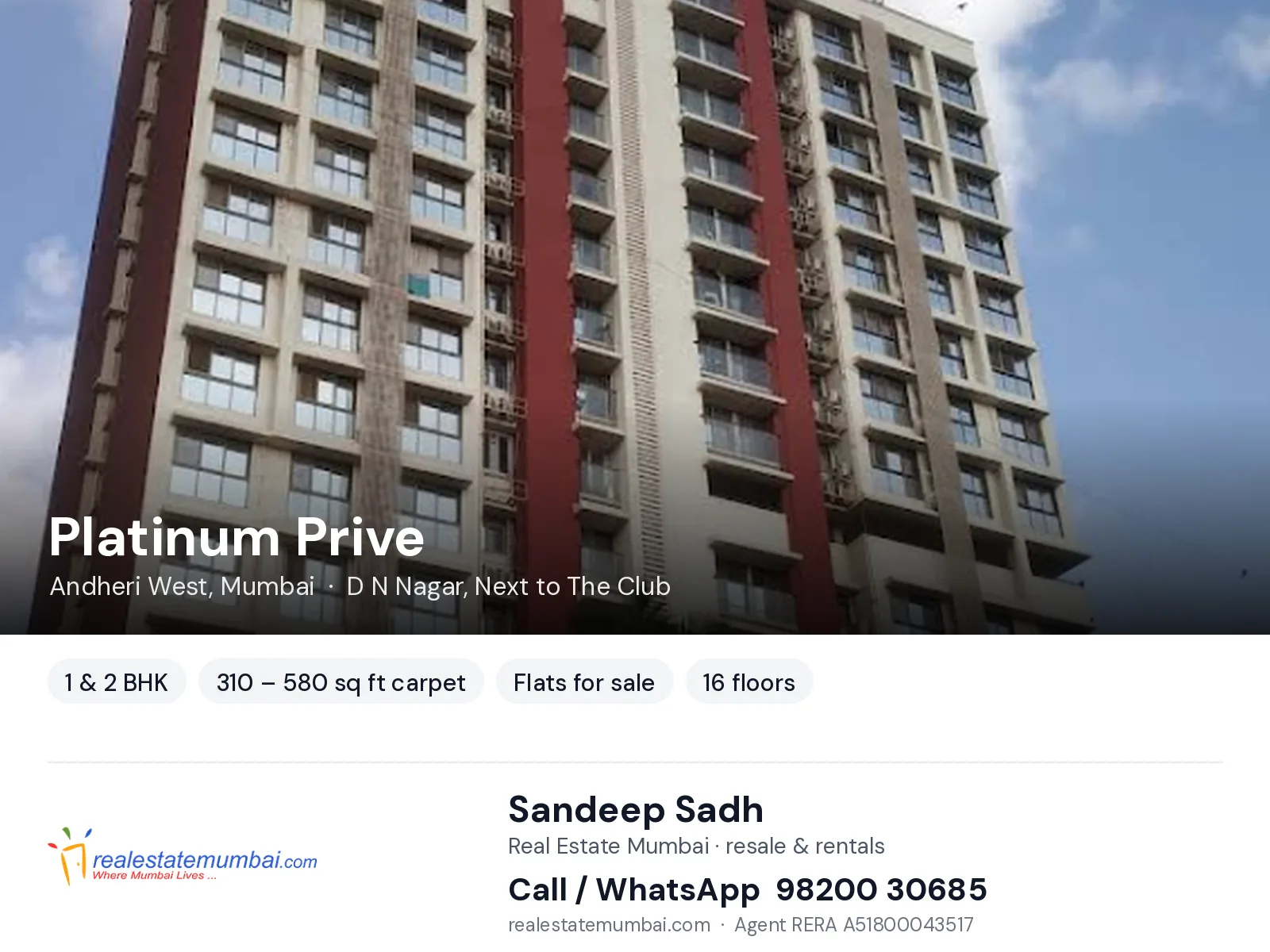 Platinum Prive, Andheri West, Mumbai — 1 & 2 BHK flats for sale | Real Estate Mumbai, Sandeep Sadh 98200 30685