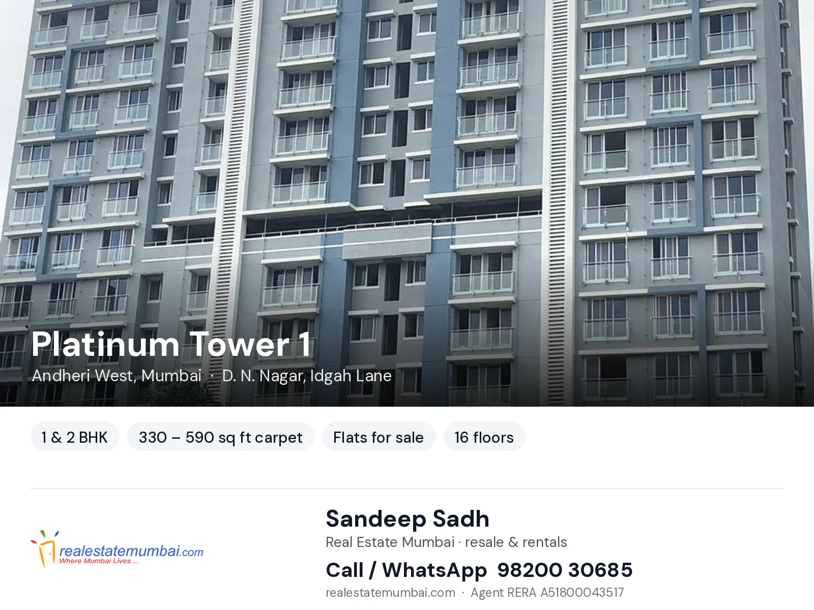 Platinum Tower 1, Andheri West, Mumbai — 1 & 2 BHK flats for sale | Real Estate Mumbai, Sandeep Sadh 98200 30685