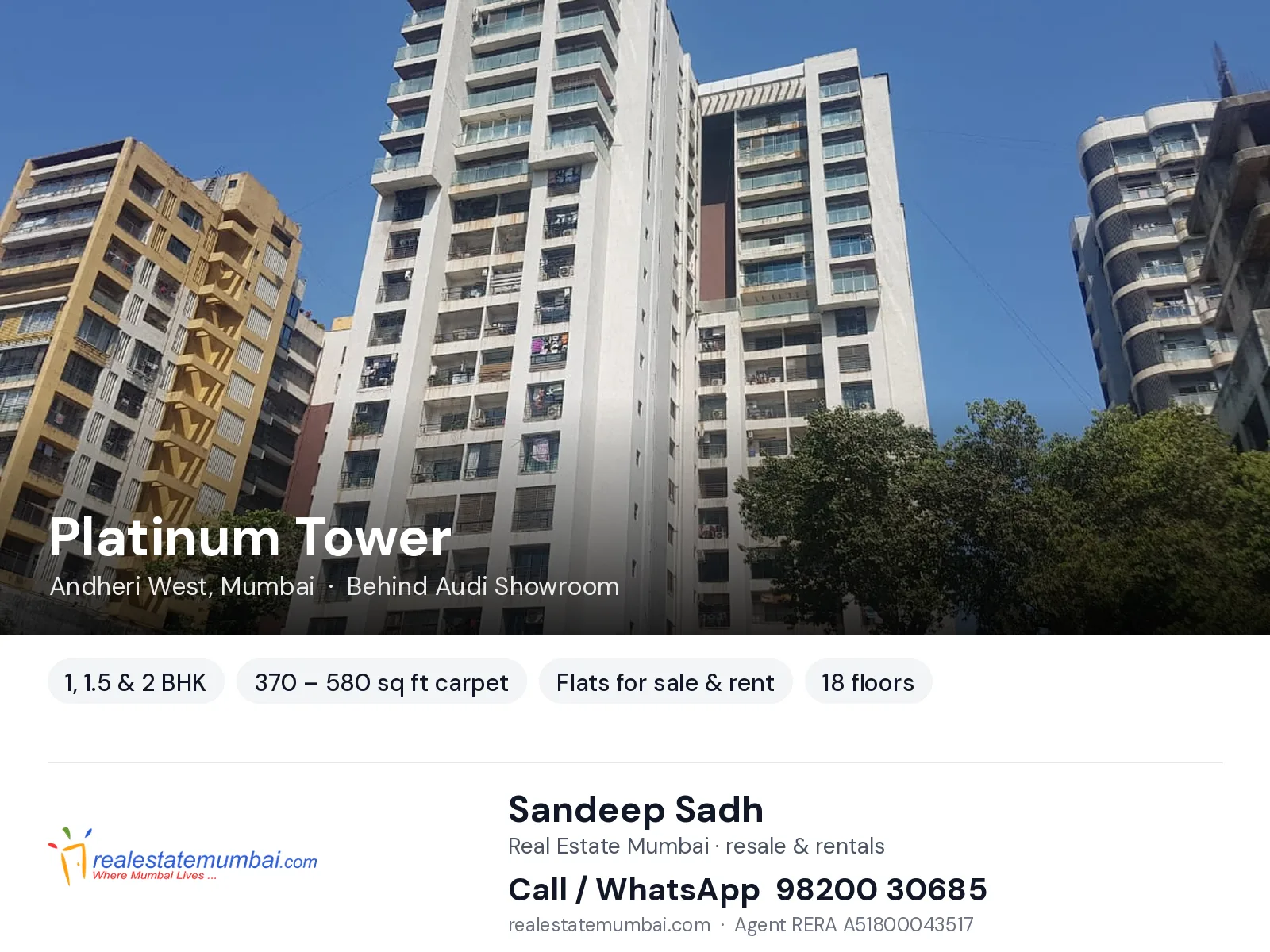 Platinum Tower, Andheri West, Mumbai — 1, 1.5 & 2 BHK flats for sale & rent | Real Estate Mumbai, Sandeep Sadh 98200 30685