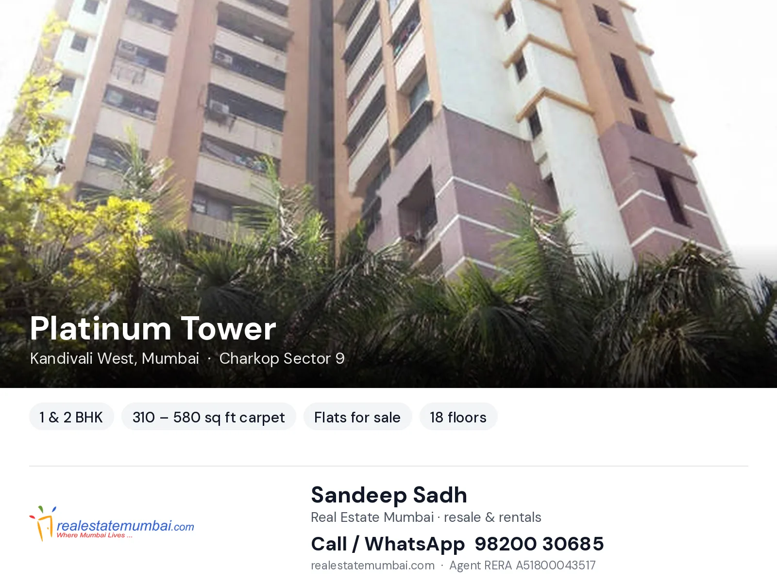 Platinum Tower, Kandivali West, Mumbai — 1 & 2 BHK flats for sale | Real Estate Mumbai, Sandeep Sadh 98200 30685