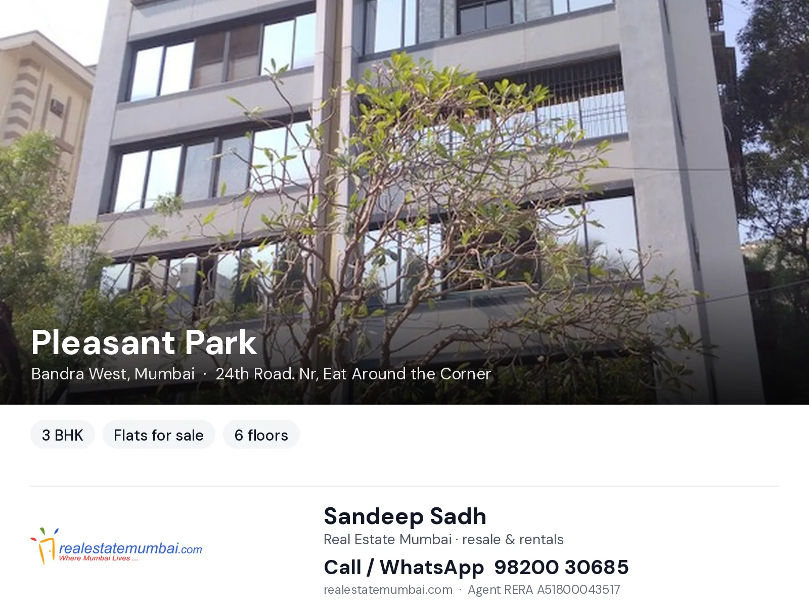Pleasant Park, Bandra West, Mumbai — 3 BHK flats for sale | Real Estate Mumbai, Sandeep Sadh 98200 30685
