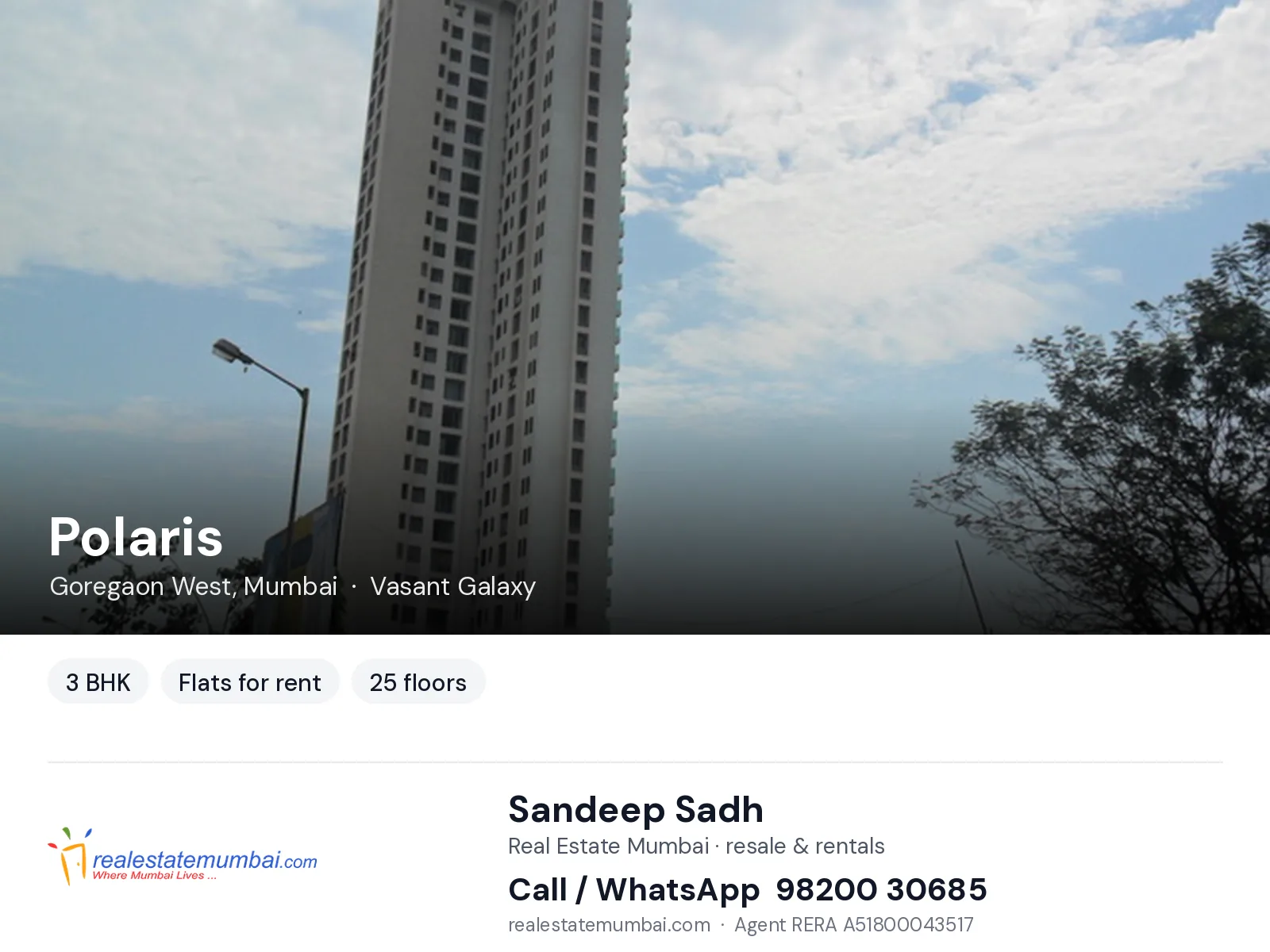 Polaris, Goregaon West, Mumbai — 3 BHK flats for rent | Real Estate Mumbai, Sandeep Sadh 98200 30685