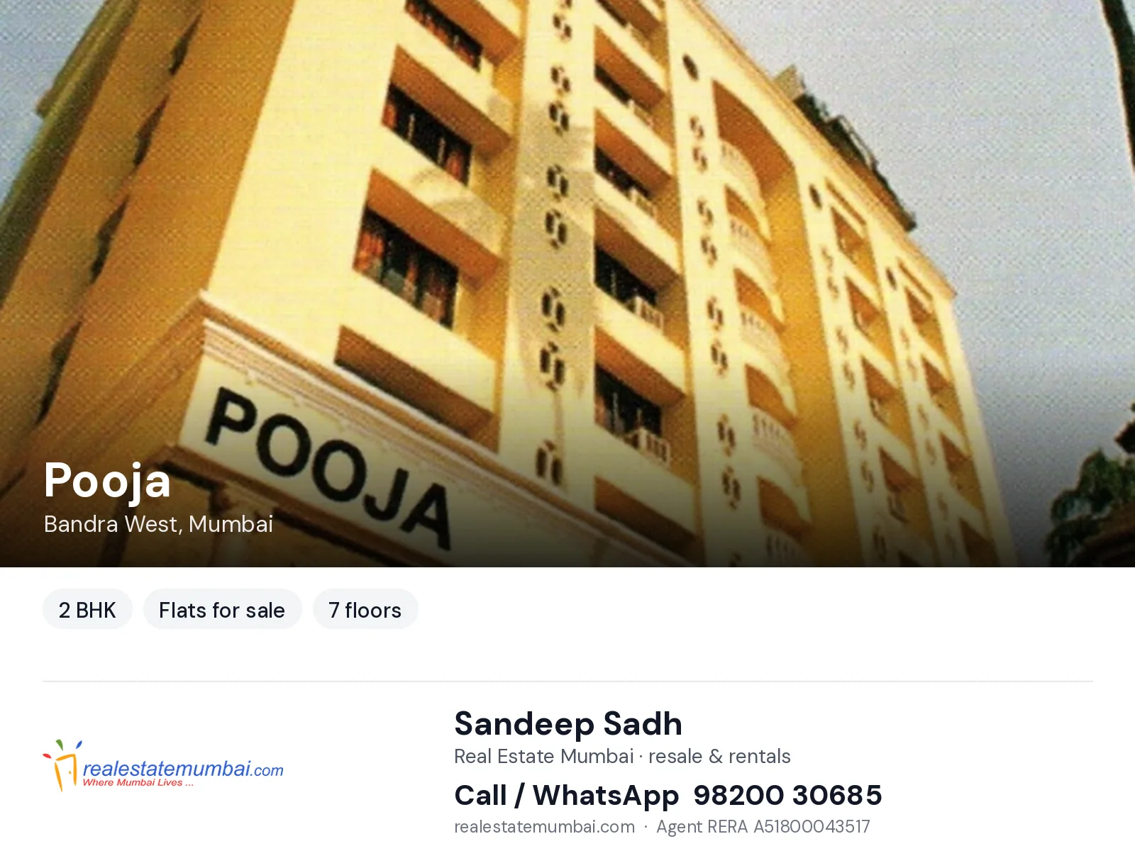 Pooja, Bandra West, Mumbai — 2 BHK flats for sale | Real Estate Mumbai, Sandeep Sadh 98200 30685