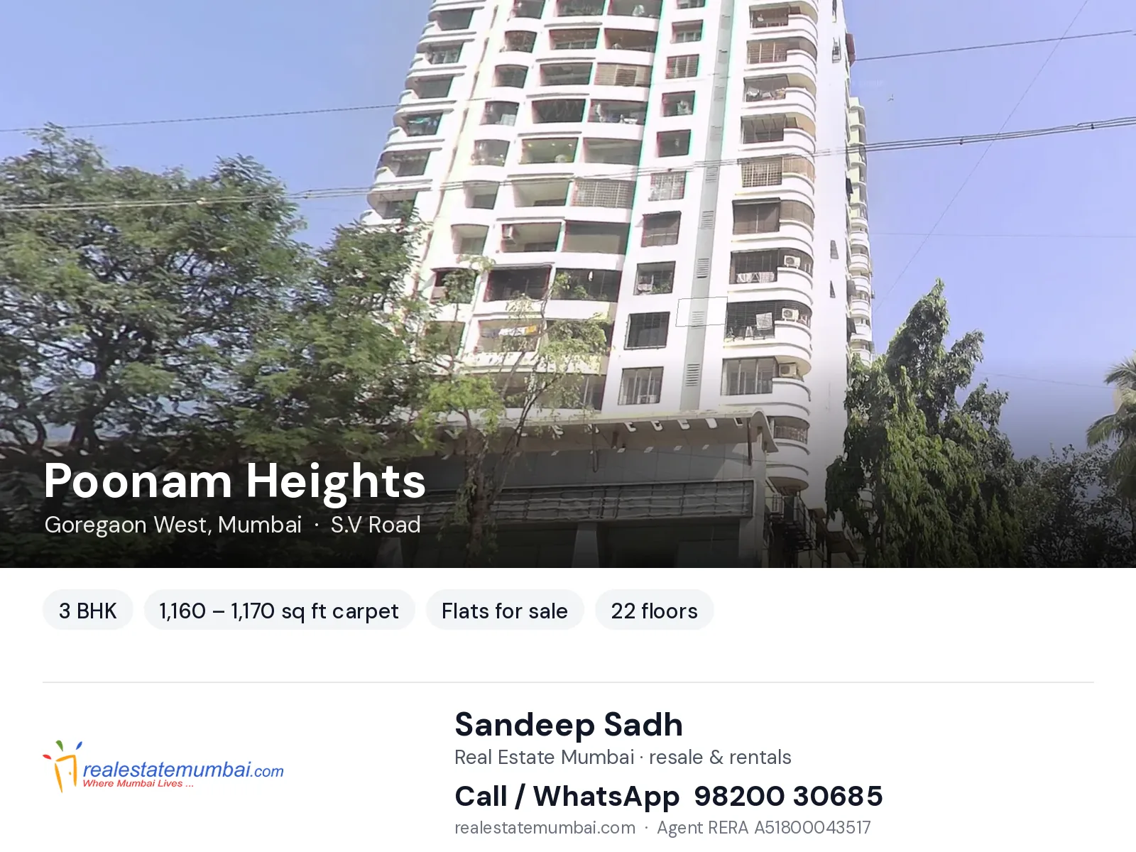 Poonam Heights, Goregaon West, Mumbai — 3 BHK flats for sale | Real Estate Mumbai, Sandeep Sadh 98200 30685