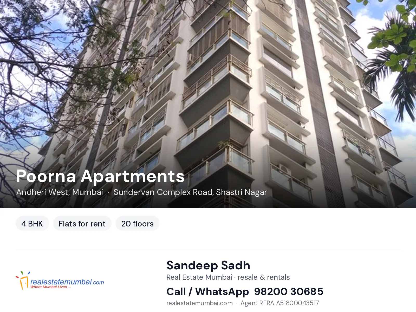 Poorna Apartments, Andheri West, Mumbai — 4 BHK flats for rent | Real Estate Mumbai, Sandeep Sadh 98200 30685