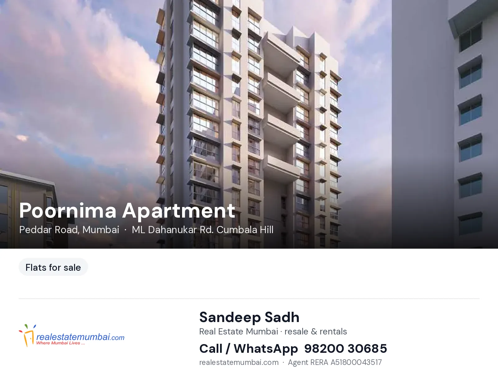 Poornima Apartment, Peddar Road, Mumbai — flats for sale | Real Estate Mumbai, Sandeep Sadh 98200 30685