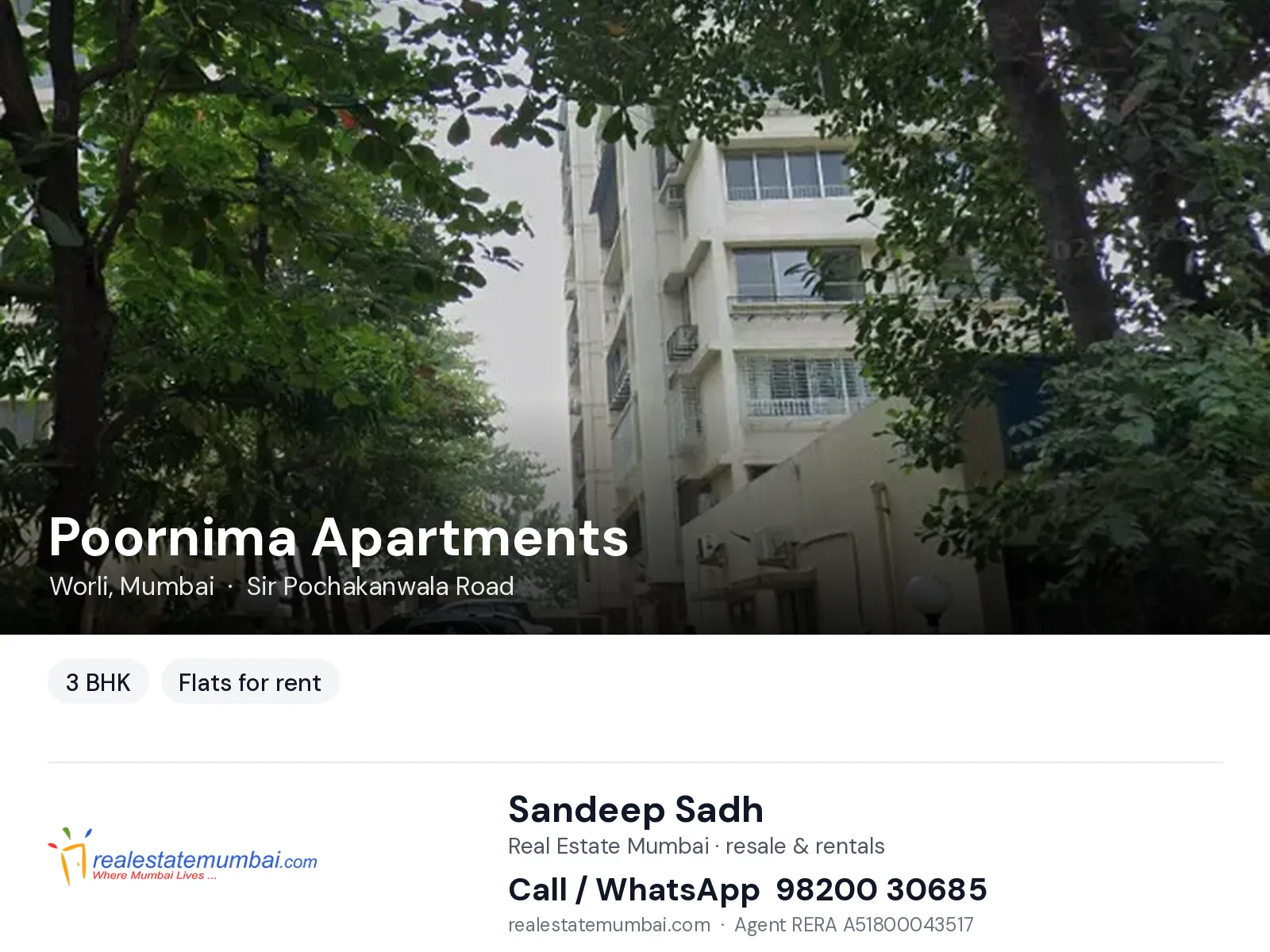 Poornima Apartments, Worli, Mumbai — 3 BHK flats for rent | Real Estate Mumbai, Sandeep Sadh 98200 30685