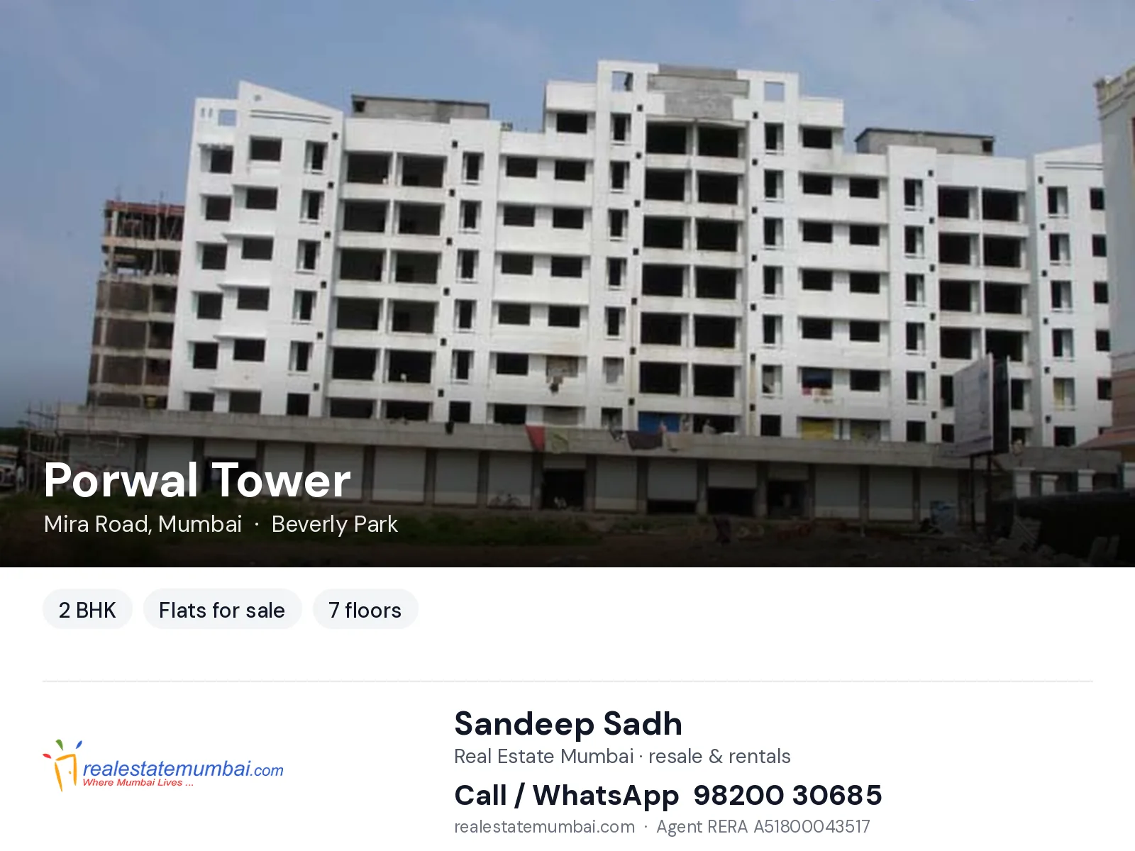 Porwal Tower, Mira Road, Mumbai — 2 BHK flats for sale | Real Estate Mumbai, Sandeep Sadh 98200 30685