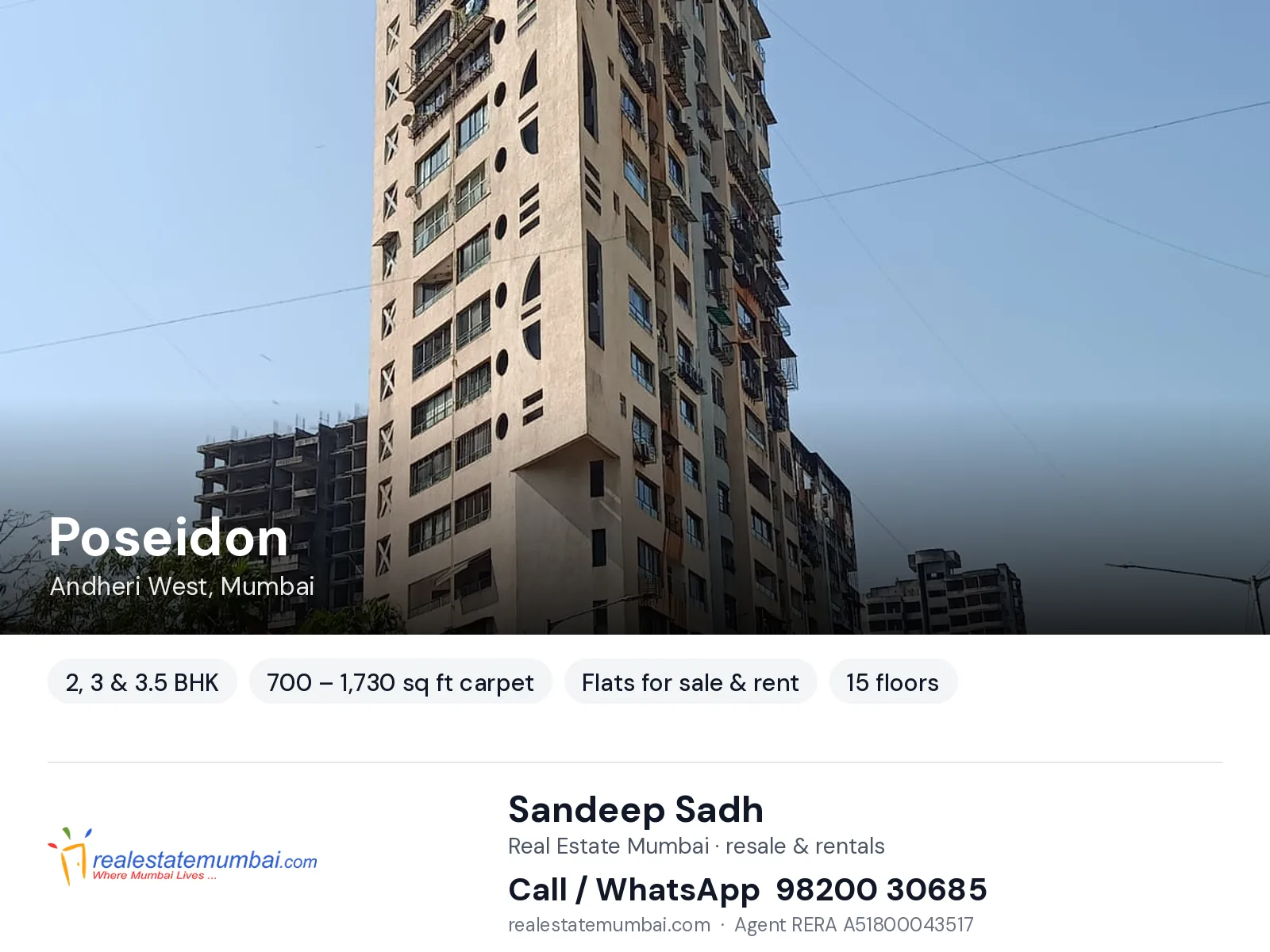 Poseidon, Andheri West, Mumbai — 2, 3 & 3.5 BHK flats for sale & rent | Real Estate Mumbai, Sandeep Sadh 98200 30685