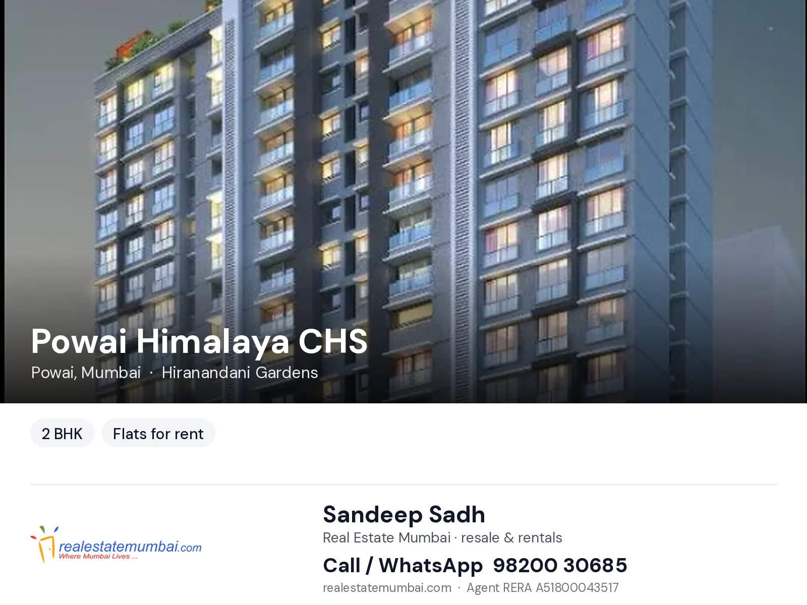 Powai Himalaya CHS, Powai, Mumbai — 2 BHK flats for rent | Real Estate Mumbai, Sandeep Sadh 98200 30685