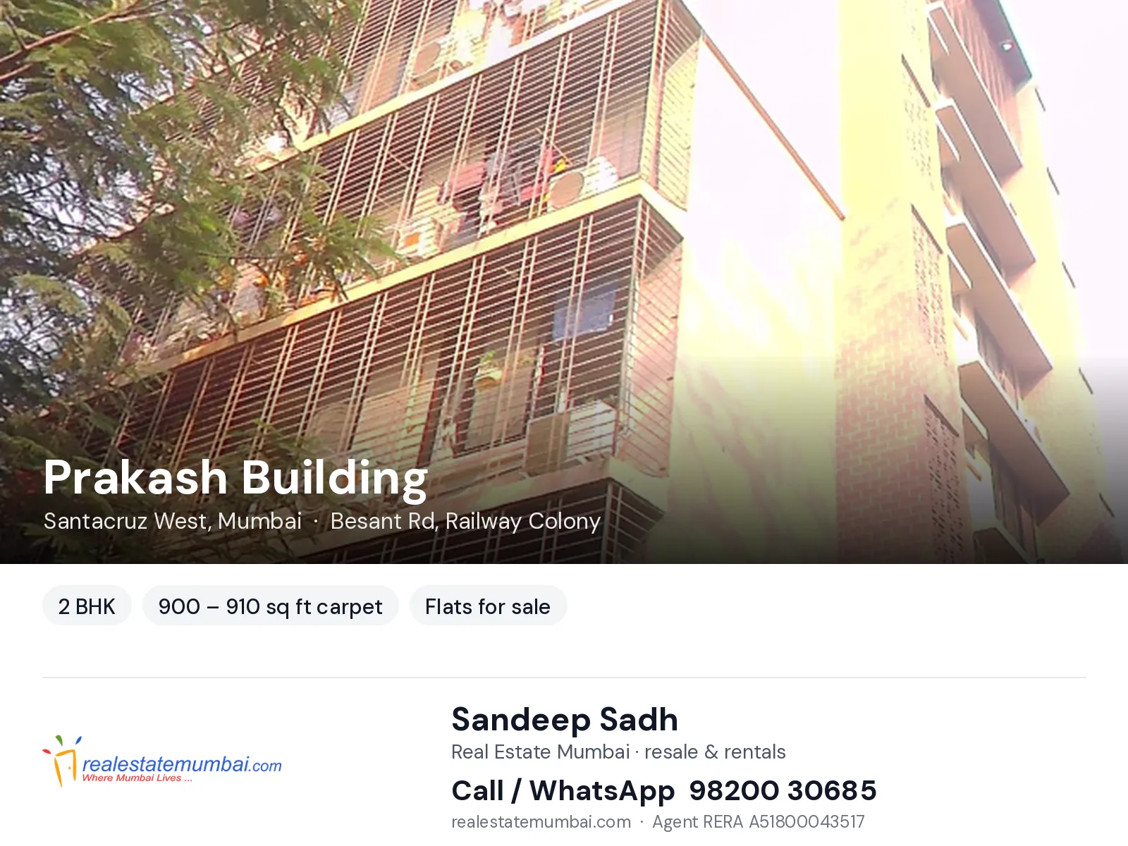 Prakash Building, Santacruz West, Mumbai — 2 BHK flats for sale | Real Estate Mumbai, Sandeep Sadh 98200 30685