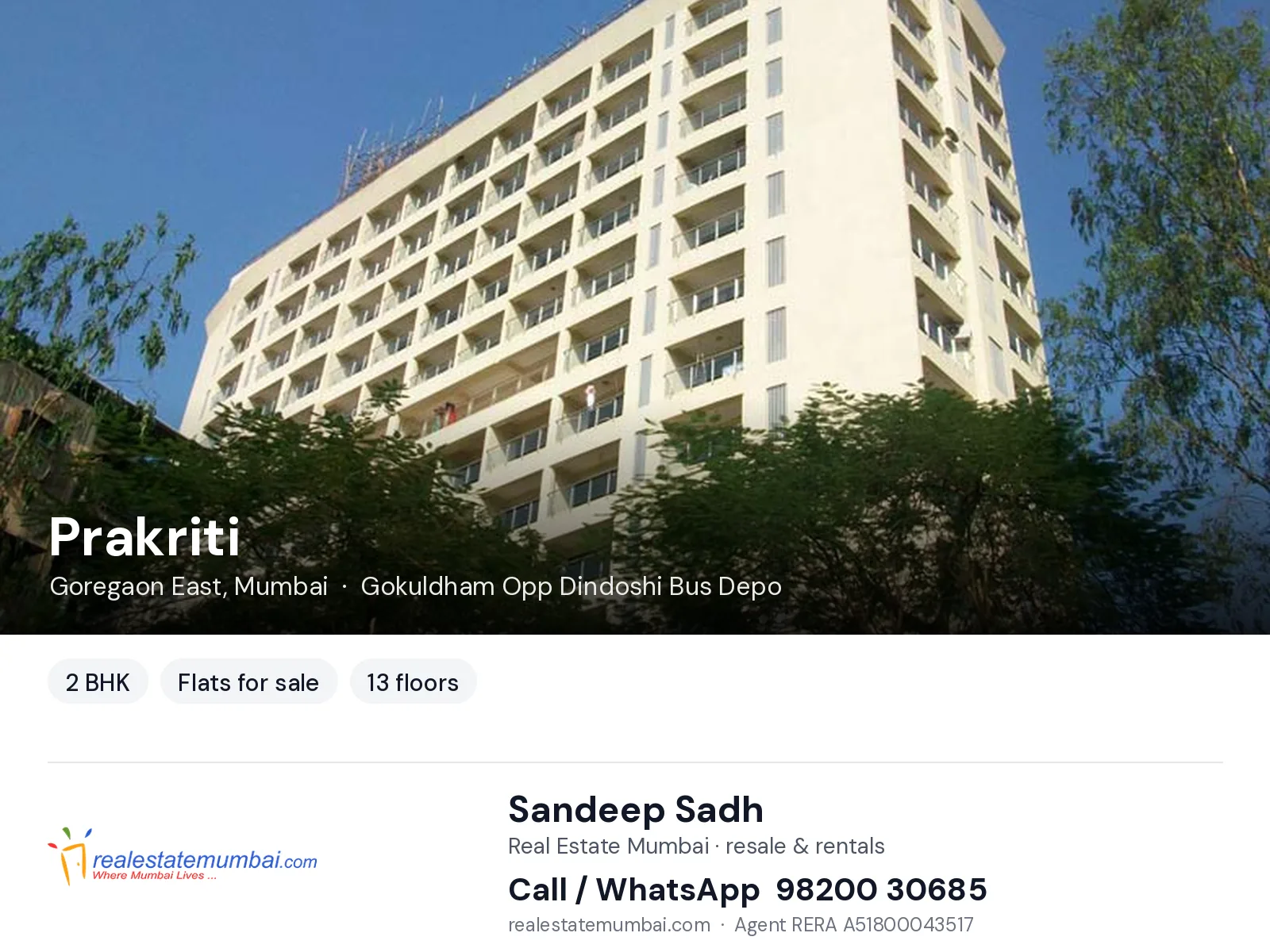 Prakriti, Goregaon East, Mumbai — 2 BHK flats for sale | Real Estate Mumbai, Sandeep Sadh 98200 30685