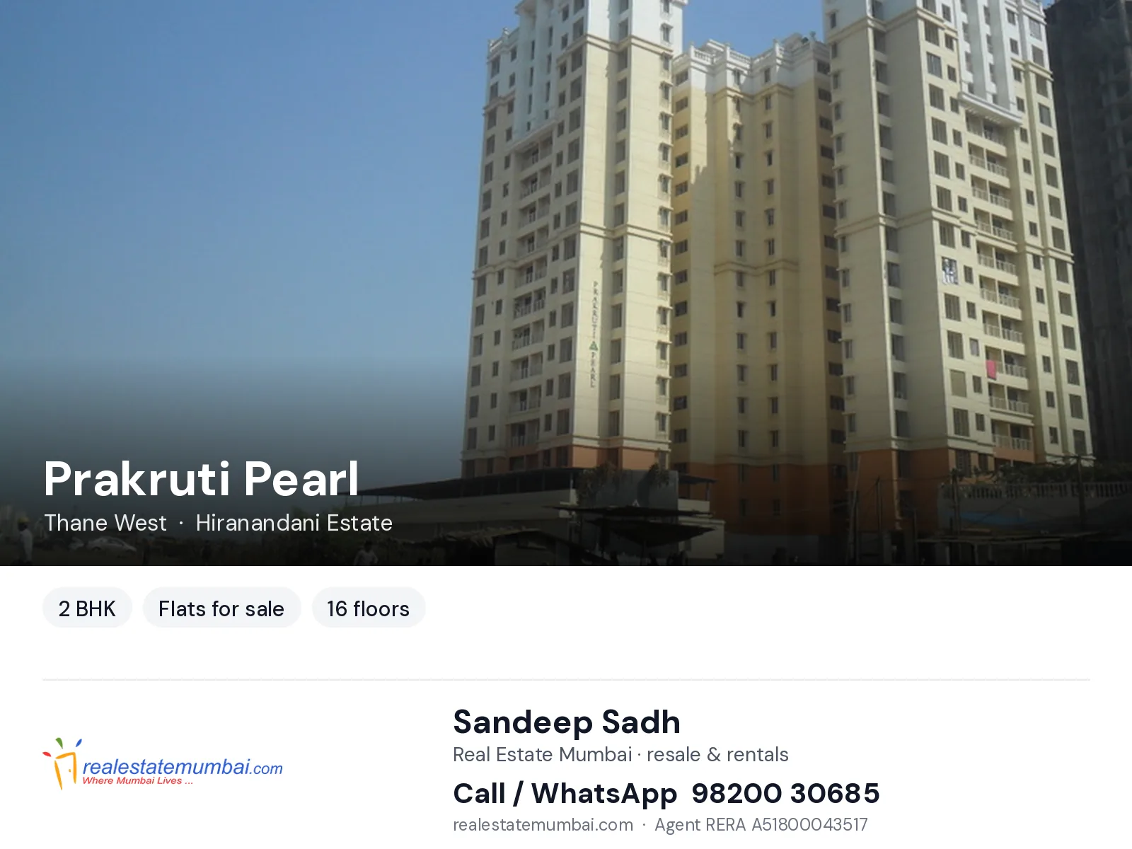 Prakruti Pearl, Thane West — 2 BHK flats for sale | Real Estate Mumbai, Sandeep Sadh 98200 30685