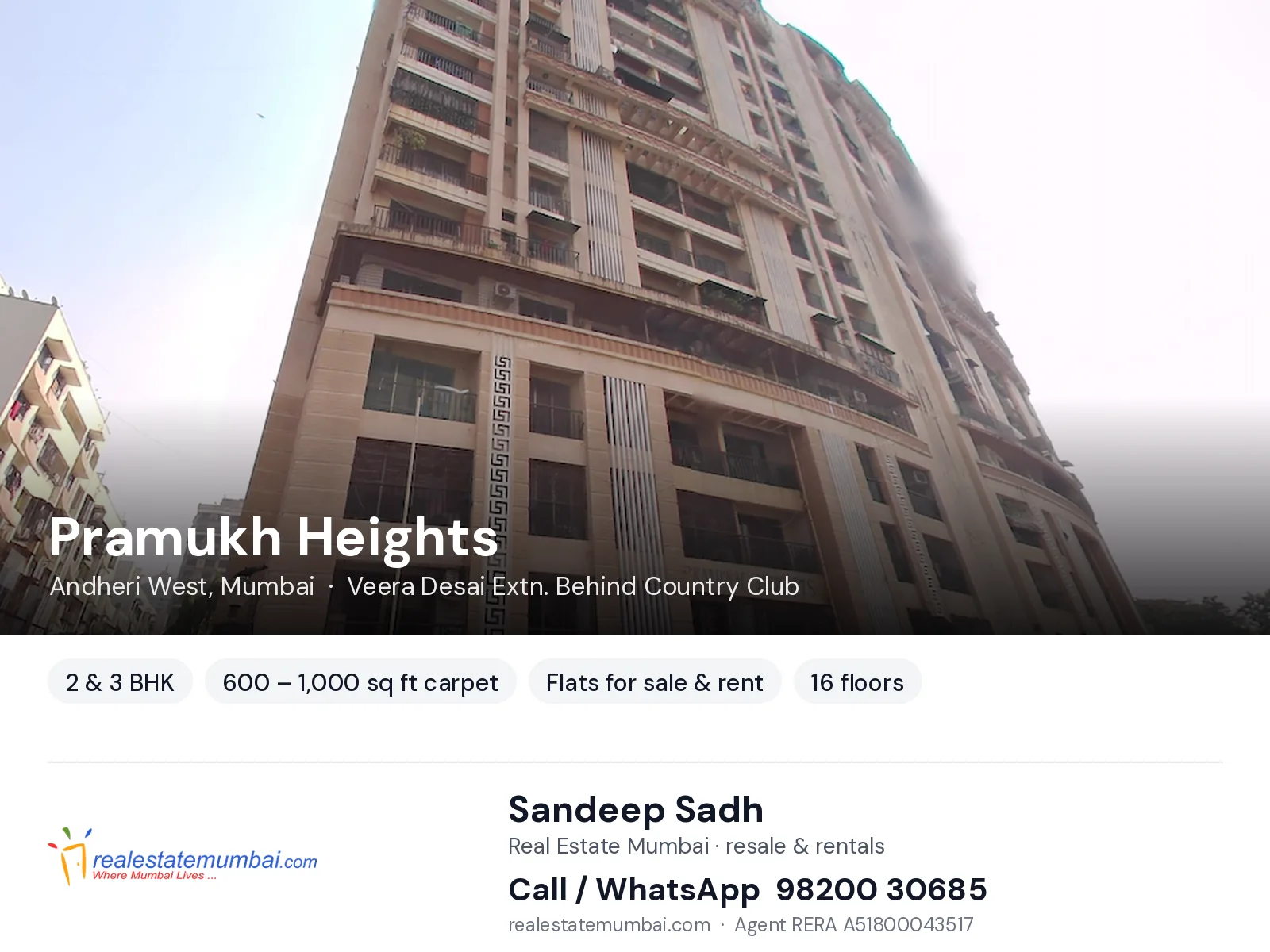 Pramukh Heights, Andheri West, Mumbai — 2 & 3 BHK flats for sale & rent | Real Estate Mumbai, Sandeep Sadh 98200 30685