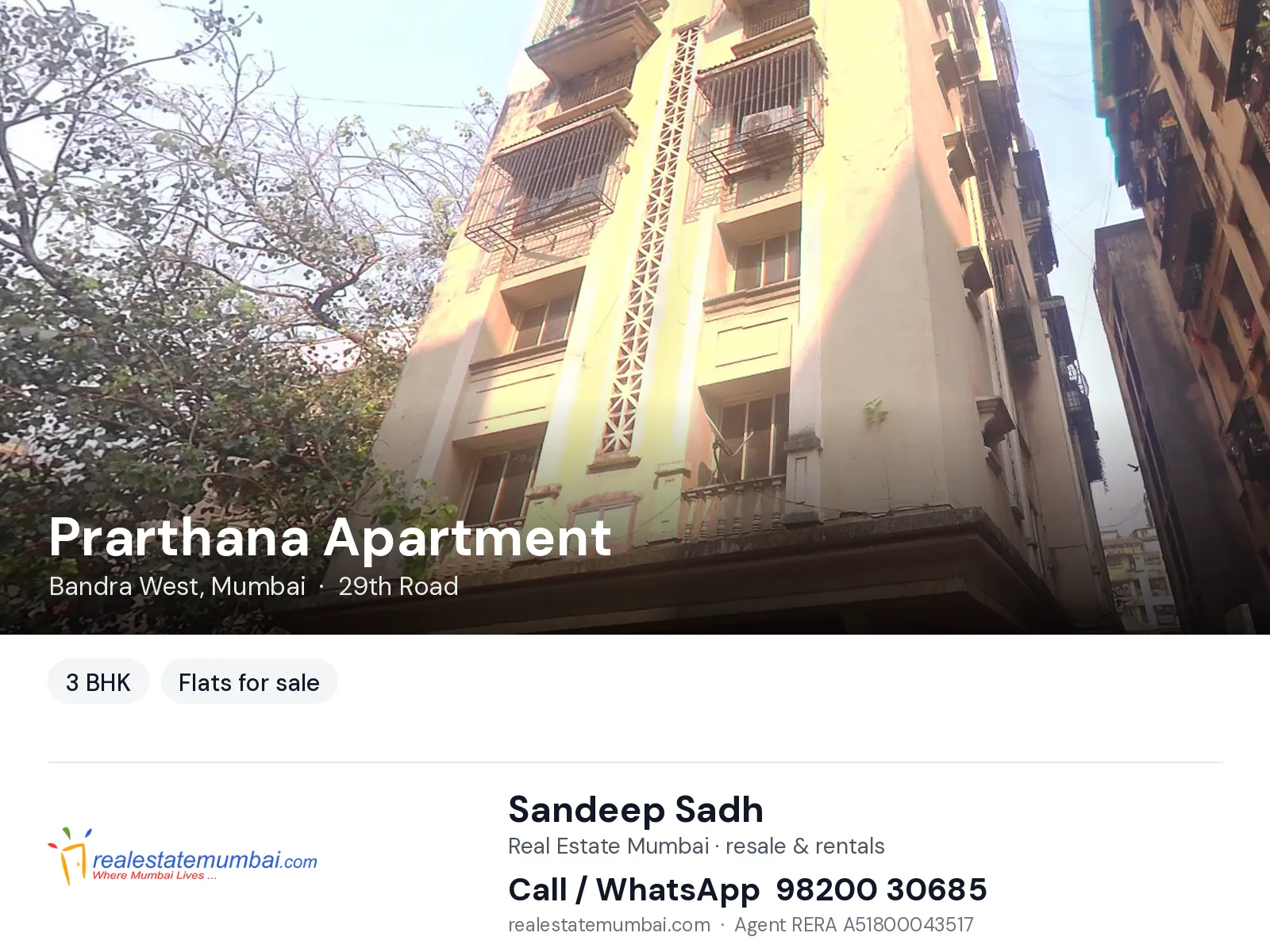 Prarthana Apartment, Bandra West, Mumbai — 3 BHK flats for sale | Real Estate Mumbai, Sandeep Sadh 98200 30685