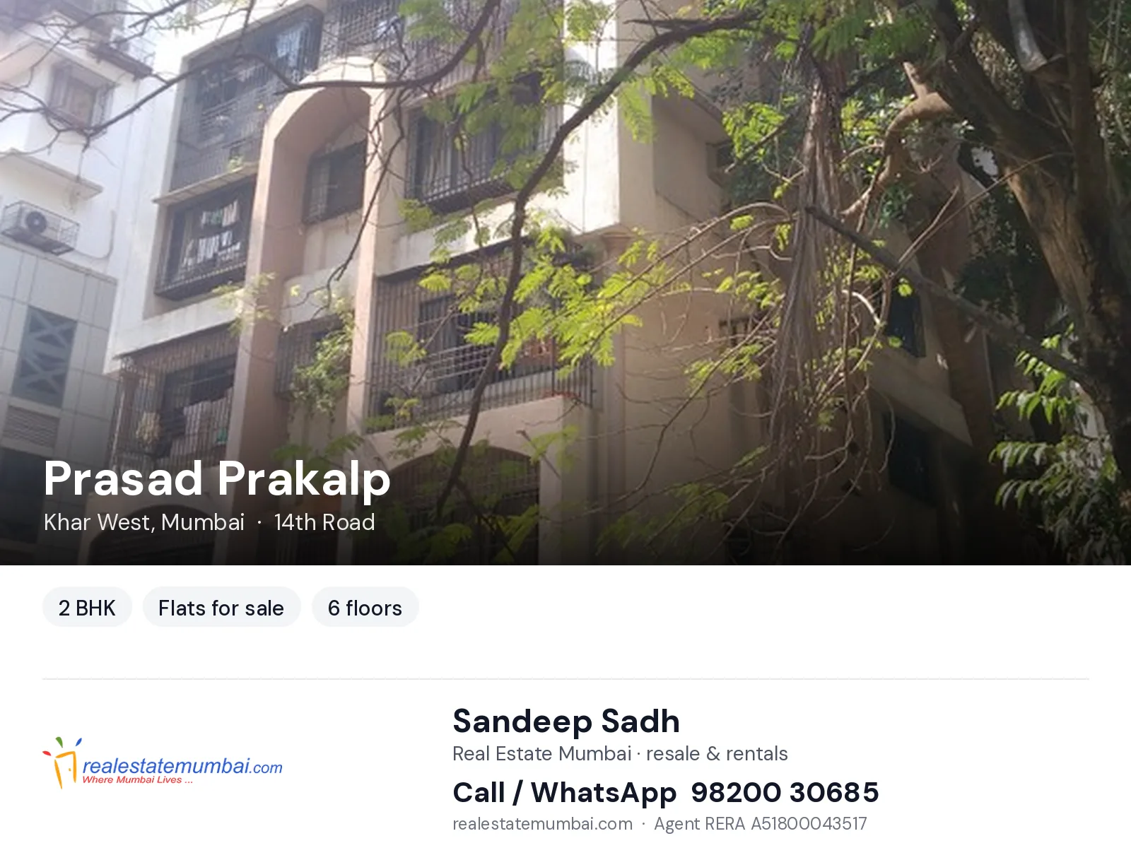 Prasad Prakalp, Khar West, Mumbai — 2 BHK flats for sale | Real Estate Mumbai, Sandeep Sadh 98200 30685