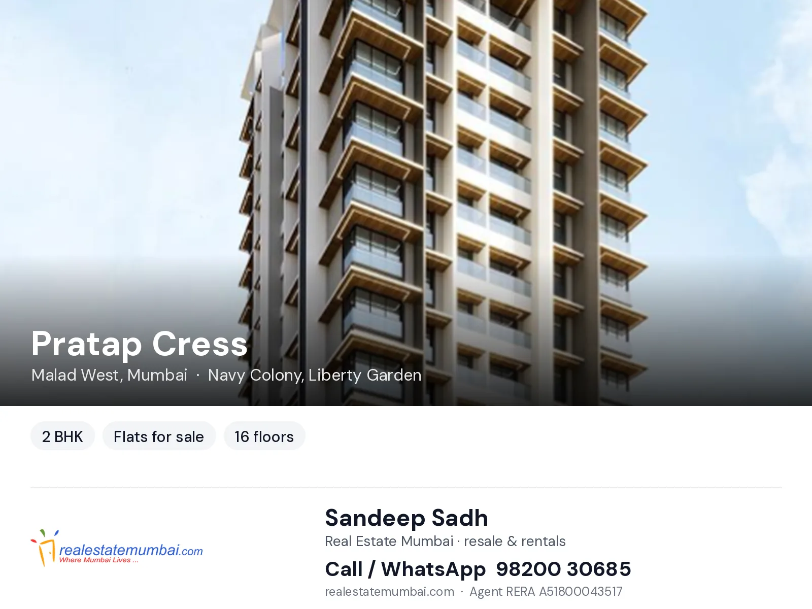 Pratap Cress, Malad West, Mumbai — 2 BHK flats for sale | Real Estate Mumbai, Sandeep Sadh 98200 30685
