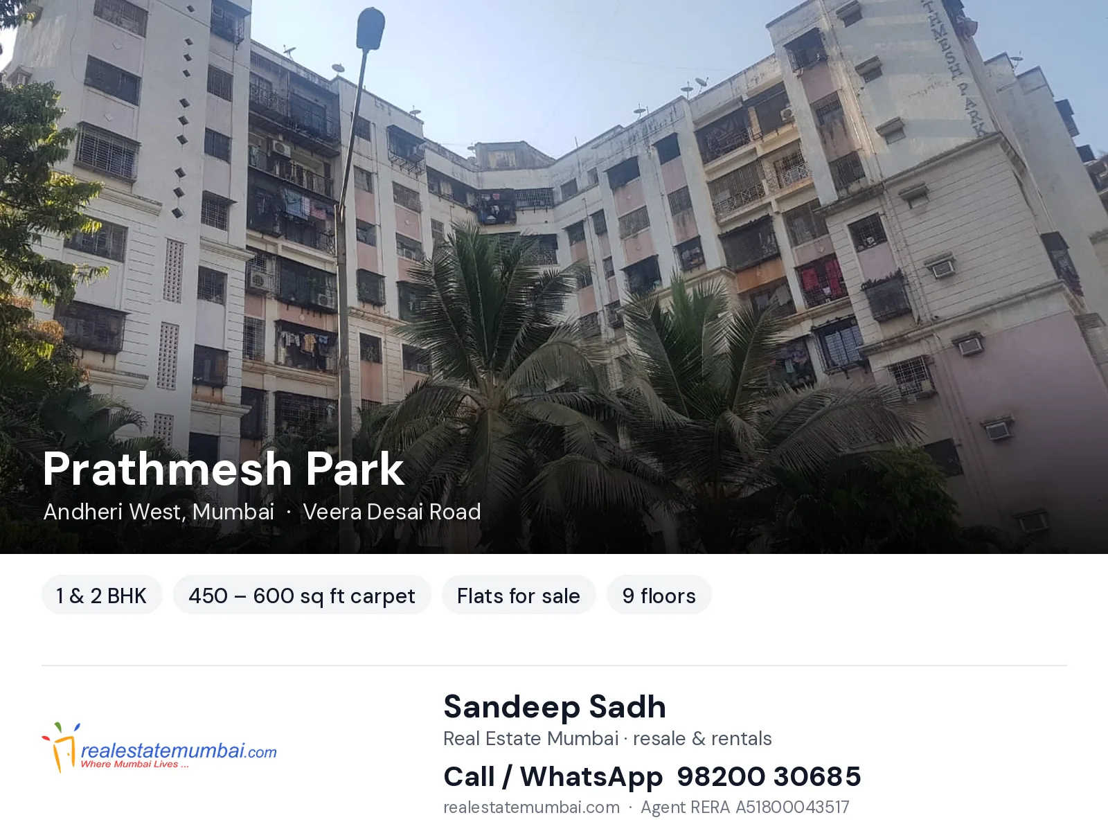 Prathmesh Park, Andheri West, Mumbai — 1 & 2 BHK flats for sale | Real Estate Mumbai, Sandeep Sadh 98200 30685