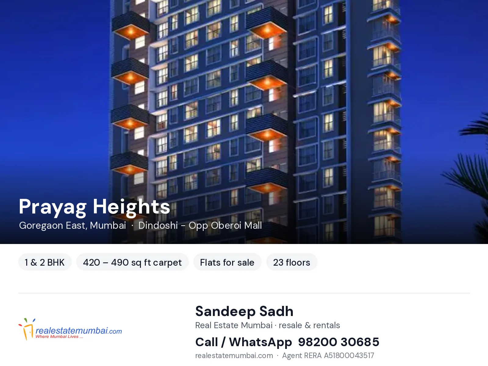 Prayag Heights, Goregaon East, Mumbai — 1 & 2 BHK flats for sale | Real Estate Mumbai, Sandeep Sadh 98200 30685