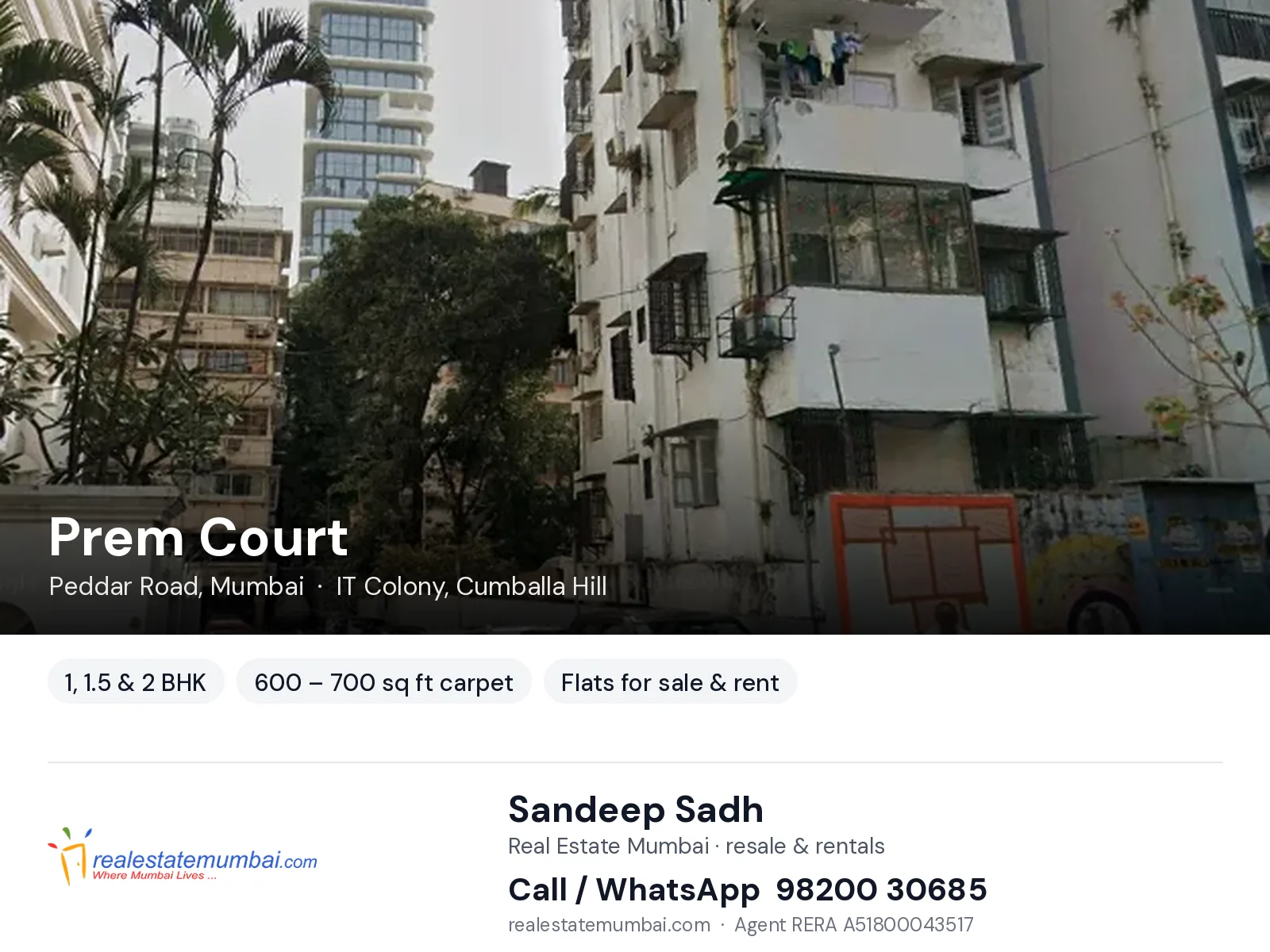 Prem Court, Peddar Road, Mumbai — 1, 1.5 & 2 BHK flats for sale & rent | Real Estate Mumbai, Sandeep Sadh 98200 30685