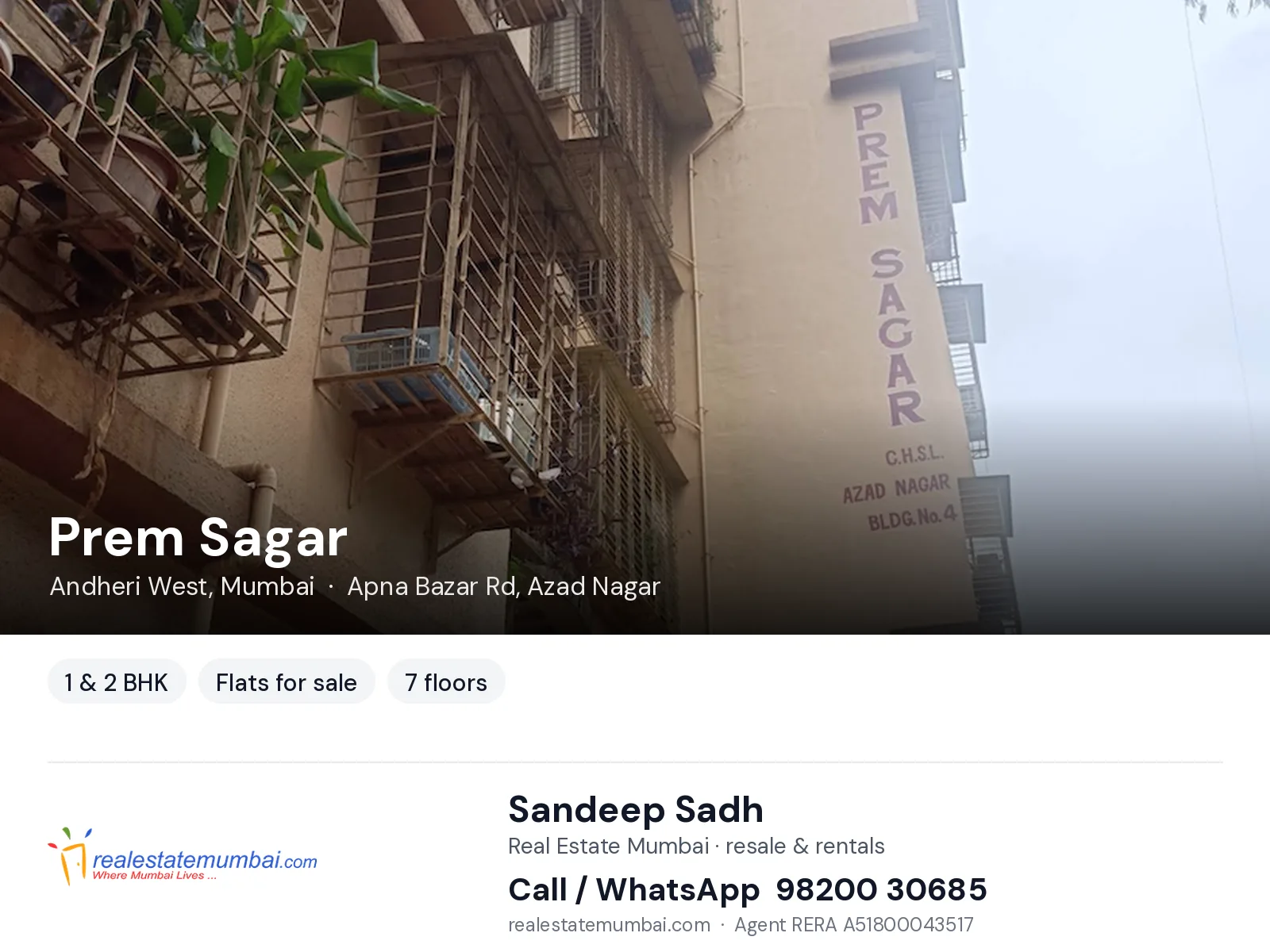 Prem Sagar, Andheri West, Mumbai — 1 & 2 BHK flats for sale | Real Estate Mumbai, Sandeep Sadh 98200 30685