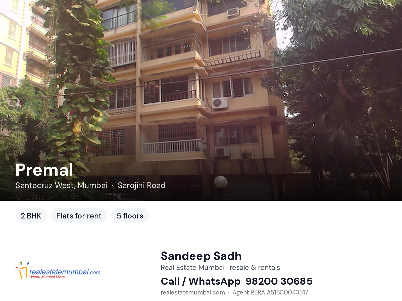 Premal, Santacruz West, Mumbai — 2 BHK flats for rent | Real Estate Mumbai, Sandeep Sadh 98200 30685