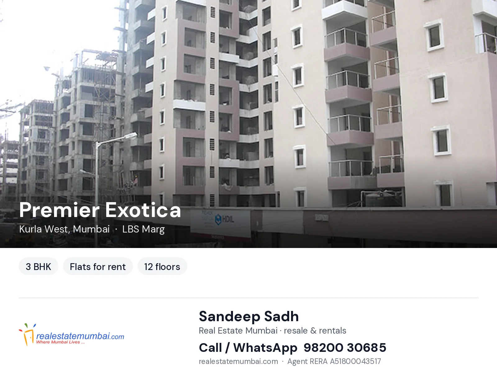 Premier Exotica, Kurla West, Mumbai — 3 BHK flats for rent | Real Estate Mumbai, Sandeep Sadh 98200 30685