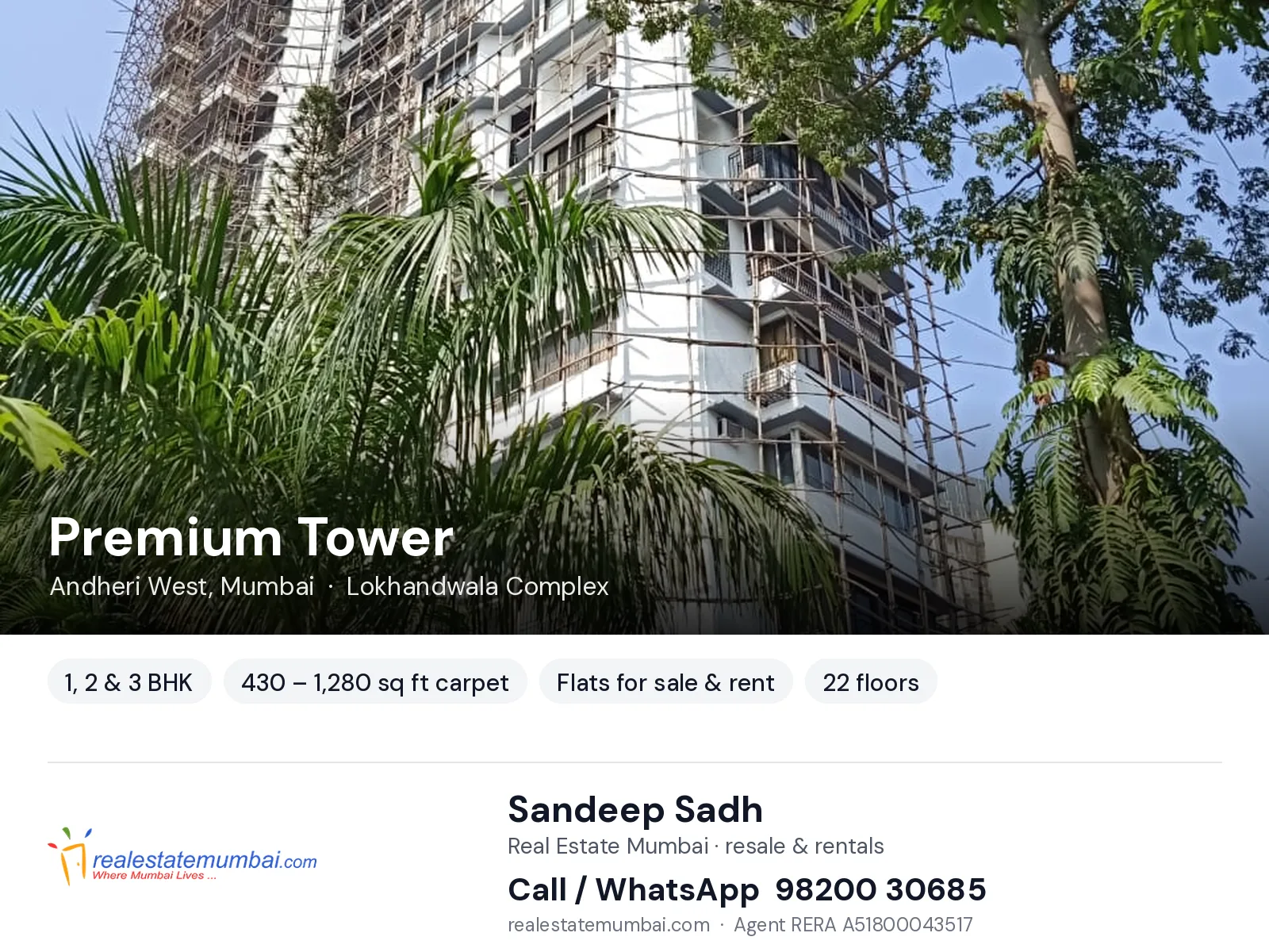 Premium Tower, Andheri West, Mumbai — 1, 2 & 3 BHK flats for sale & rent | Real Estate Mumbai, Sandeep Sadh 98200 30685
