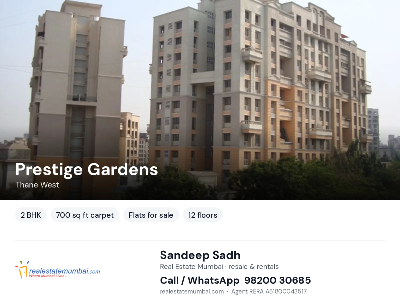 Prestige Gardens, Thane West — 2 BHK flats for sale | Real Estate Mumbai, Sandeep Sadh 98200 30685