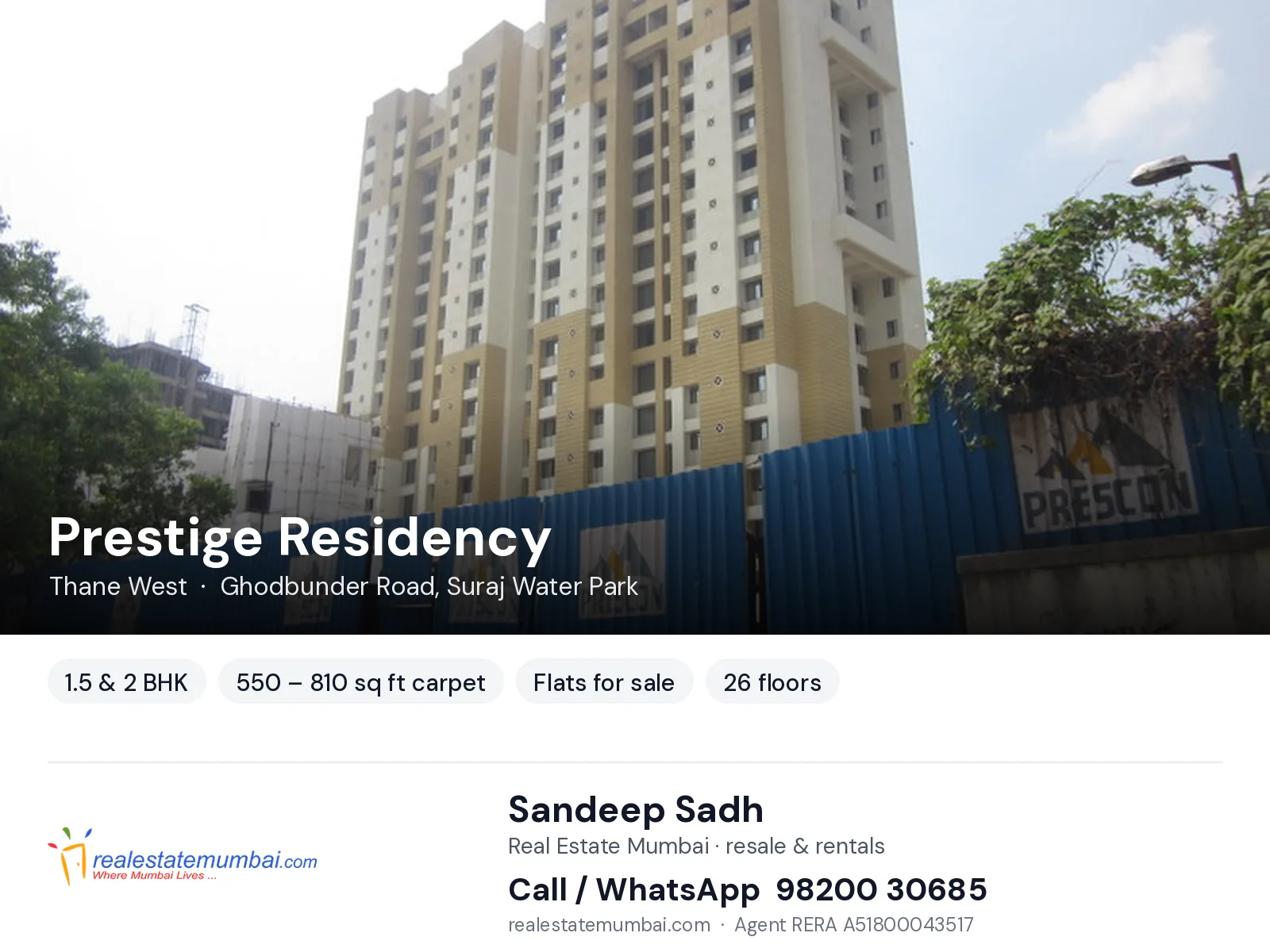 Prestige Residency, Thane West — 1.5 & 2 BHK flats for sale | Real Estate Mumbai, Sandeep Sadh 98200 30685