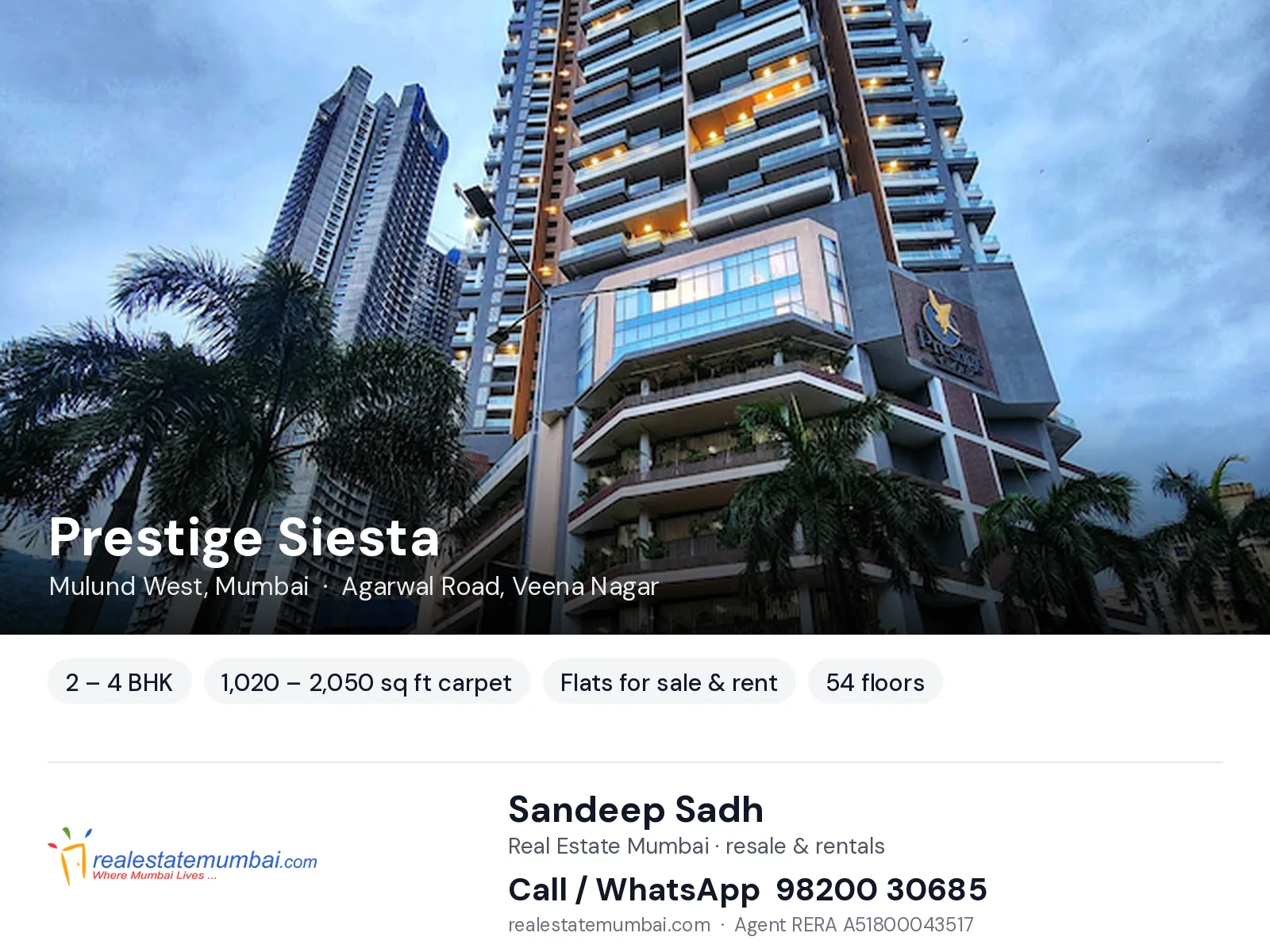 Prestige Siesta, Mulund West, Mumbai — 2 – 4 BHK flats for sale & rent | Real Estate Mumbai, Sandeep Sadh 98200 30685