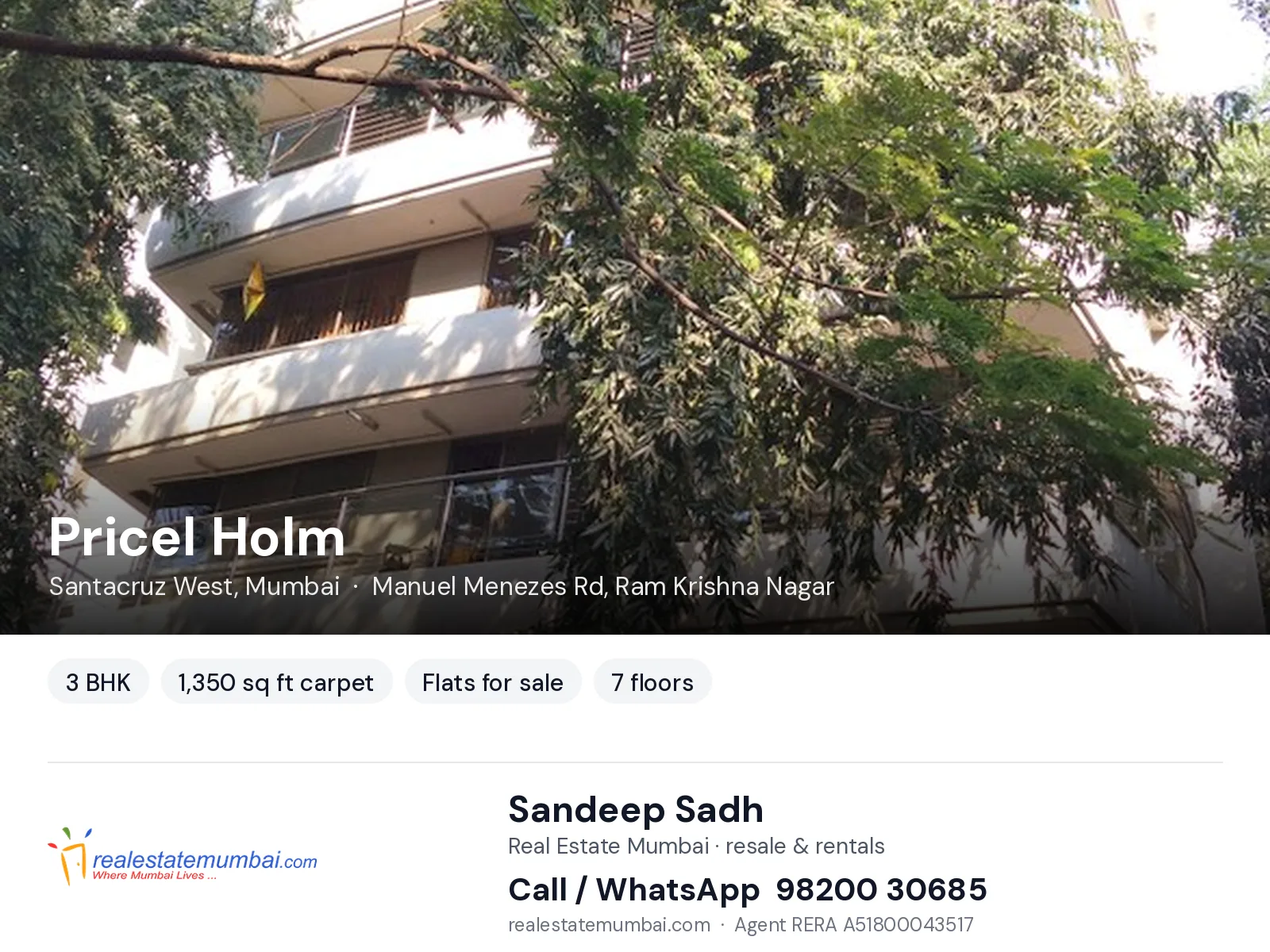 Pricel Holm, Santacruz West, Mumbai — 3 BHK flats for sale | Real Estate Mumbai, Sandeep Sadh 98200 30685